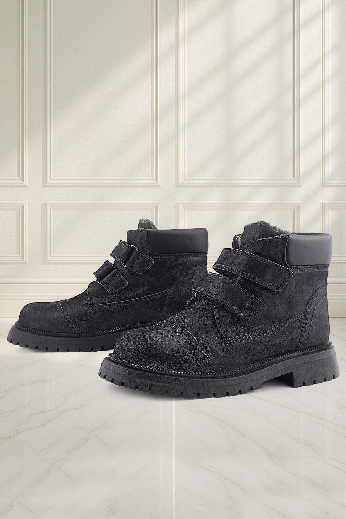 Rakerplus Siyah Simli Cırt Cırtlı Hakiki Deri Kız Çocuk Bot