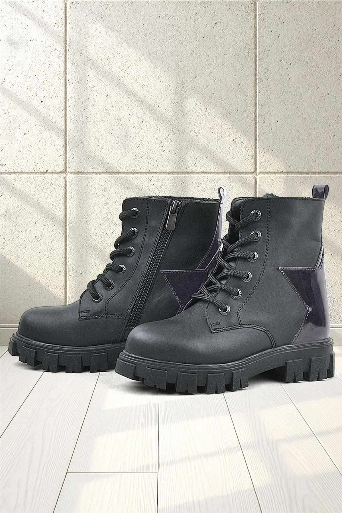 Rakerplus Siyah Hakiki Deri Platin Yıldız Detaylı Kız Çocuk Bot