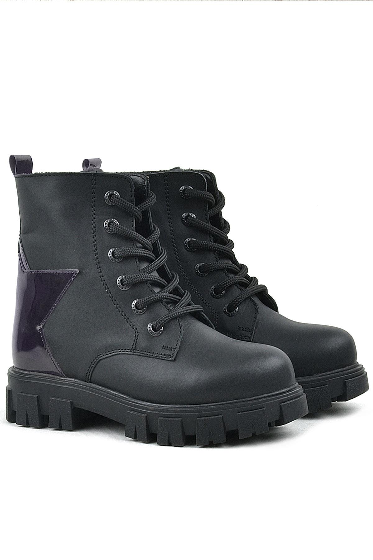 Rakerplus Siyah Hakiki Deri Platin Yıldız Detaylı Kız Çocuk Bot