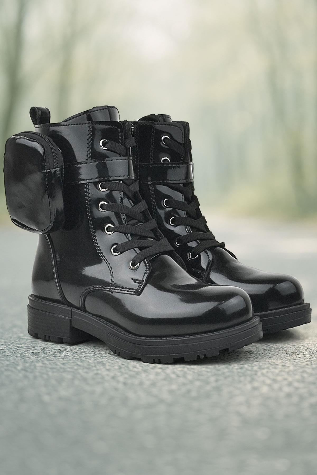 Rakerplus Siyah Rugan Fermuarlı Bağcıklı Cüzdanlı Kız Çocuk Bot