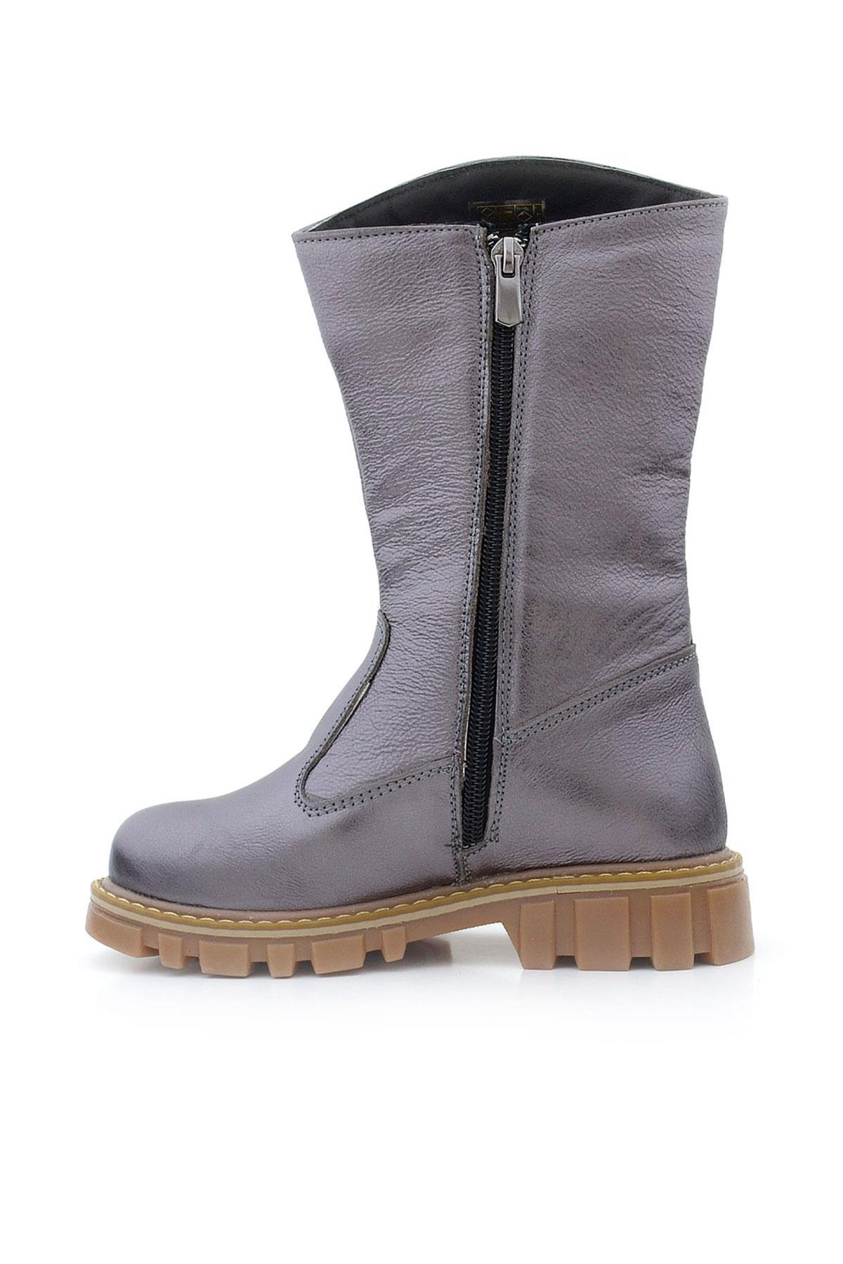 Rakerplus Hakiki Deri Platin Fermuarlı Uzun Kız Çocuk Çizme