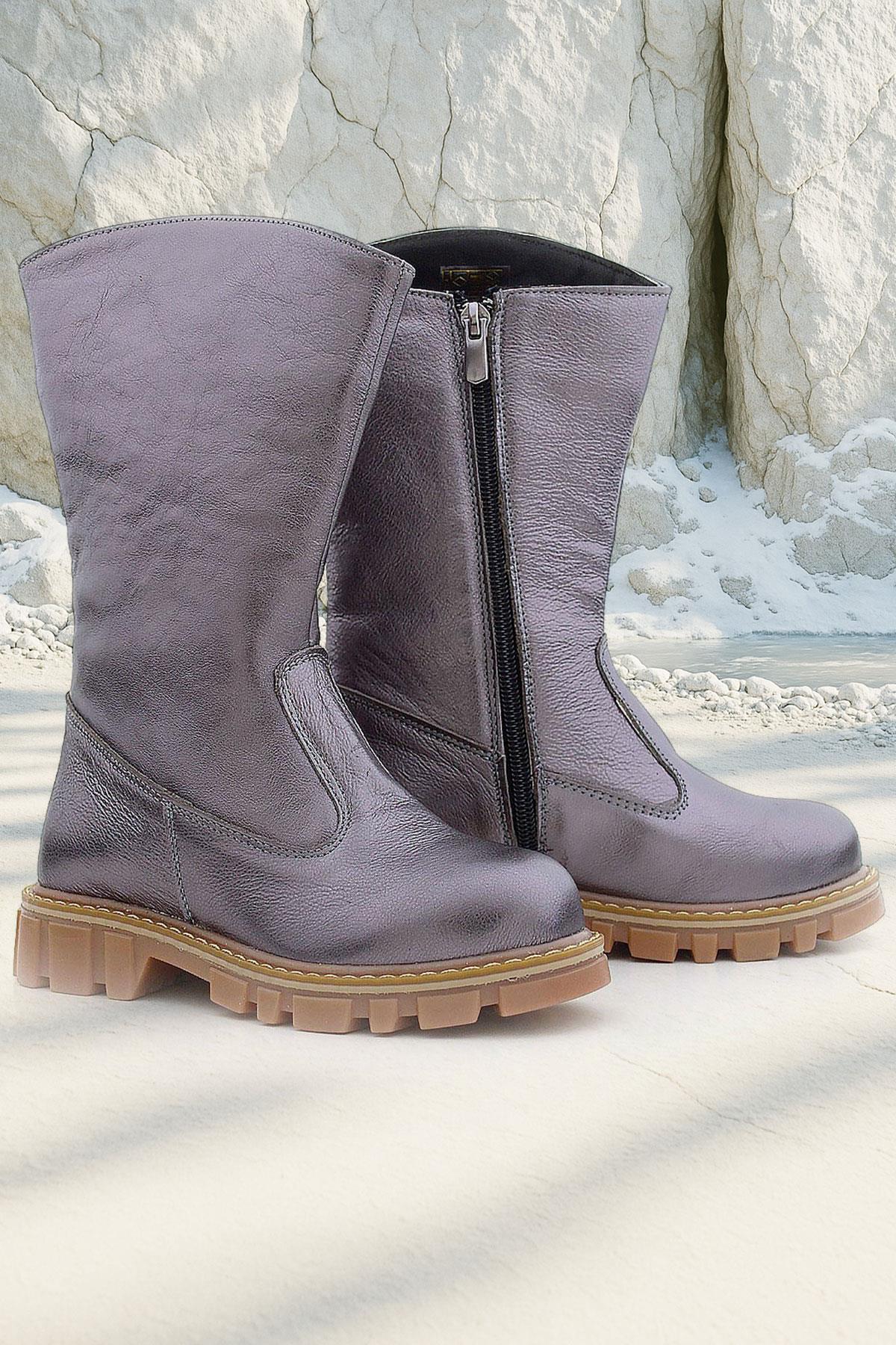 Rakerplus Genuine Leather Platinum Zippered Long Girls' Boots