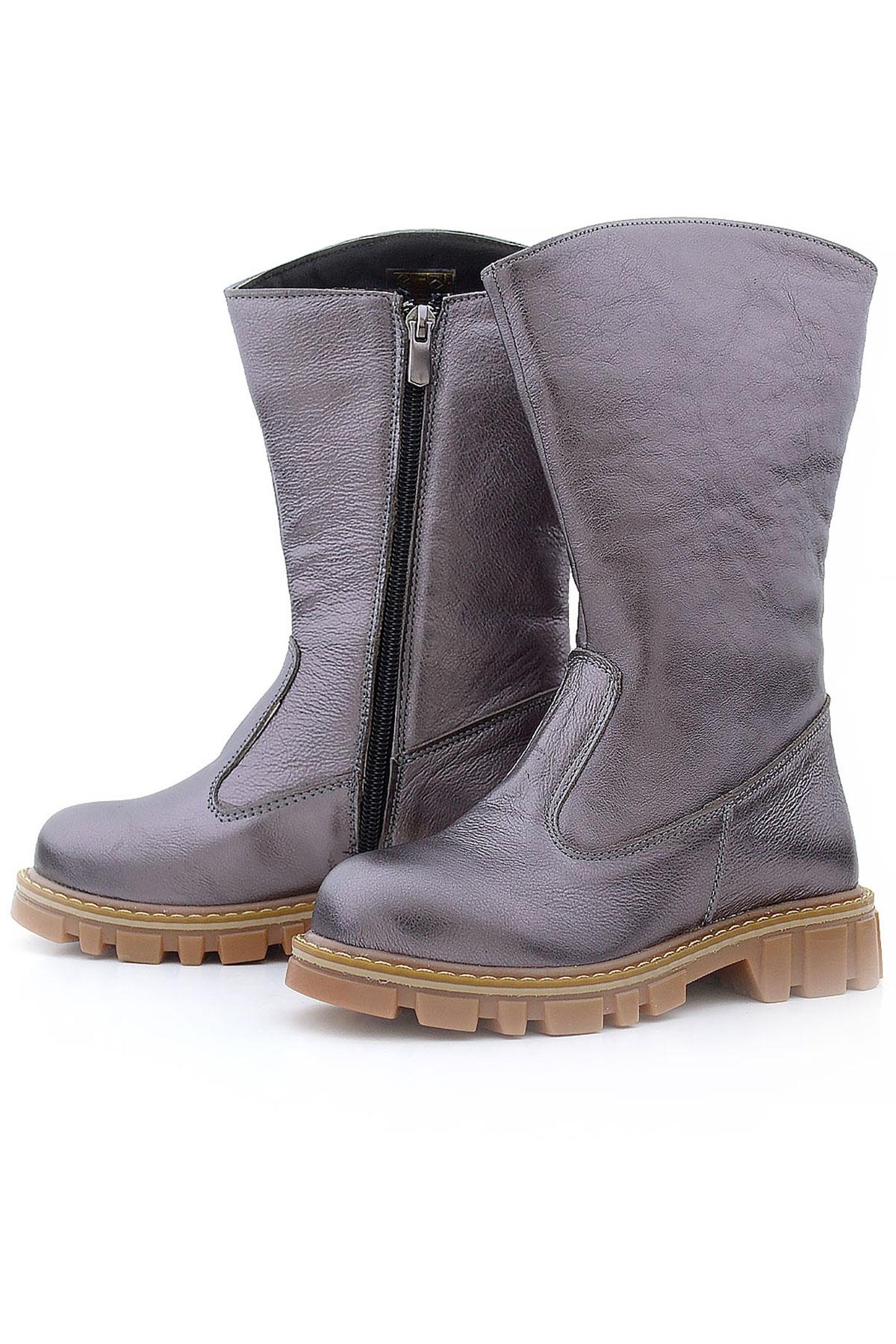 Rakerplus Hakiki Deri Platin Fermuarlı Uzun Kız Çocuk Çizme