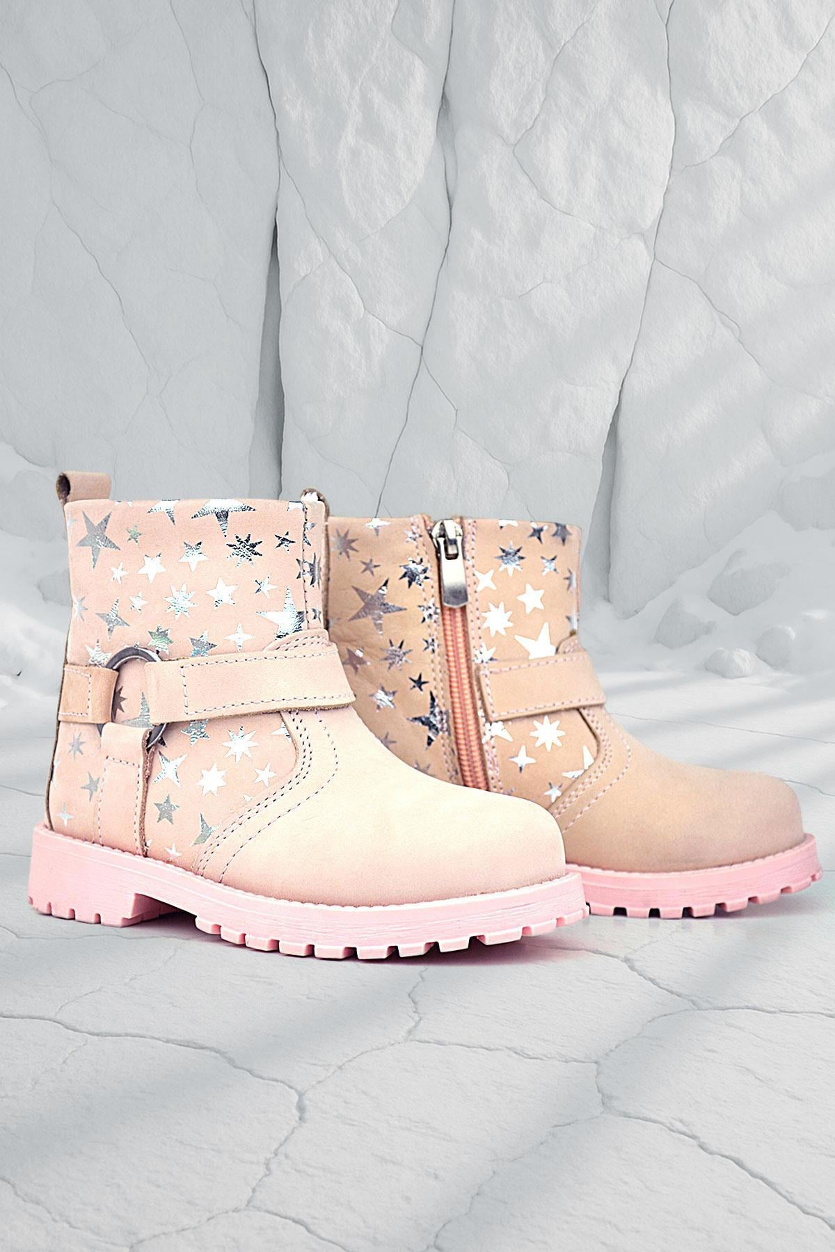 Rakerplus Chiron Genuine Leather Powder Star Pattern Zippered Furry Girl's Boots