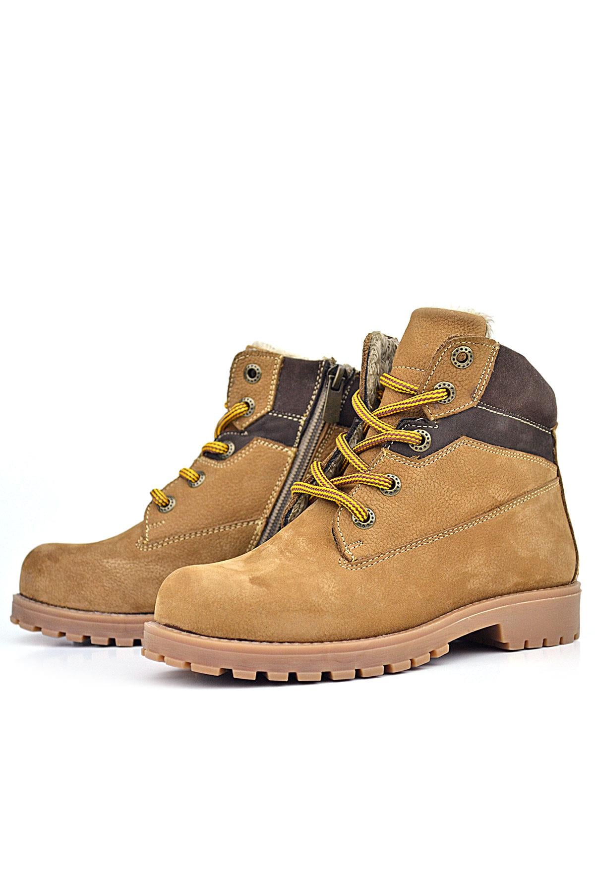Rakerplus Genuine Leather Tan Brown Lace Up Zippered Winter Children's Boots
