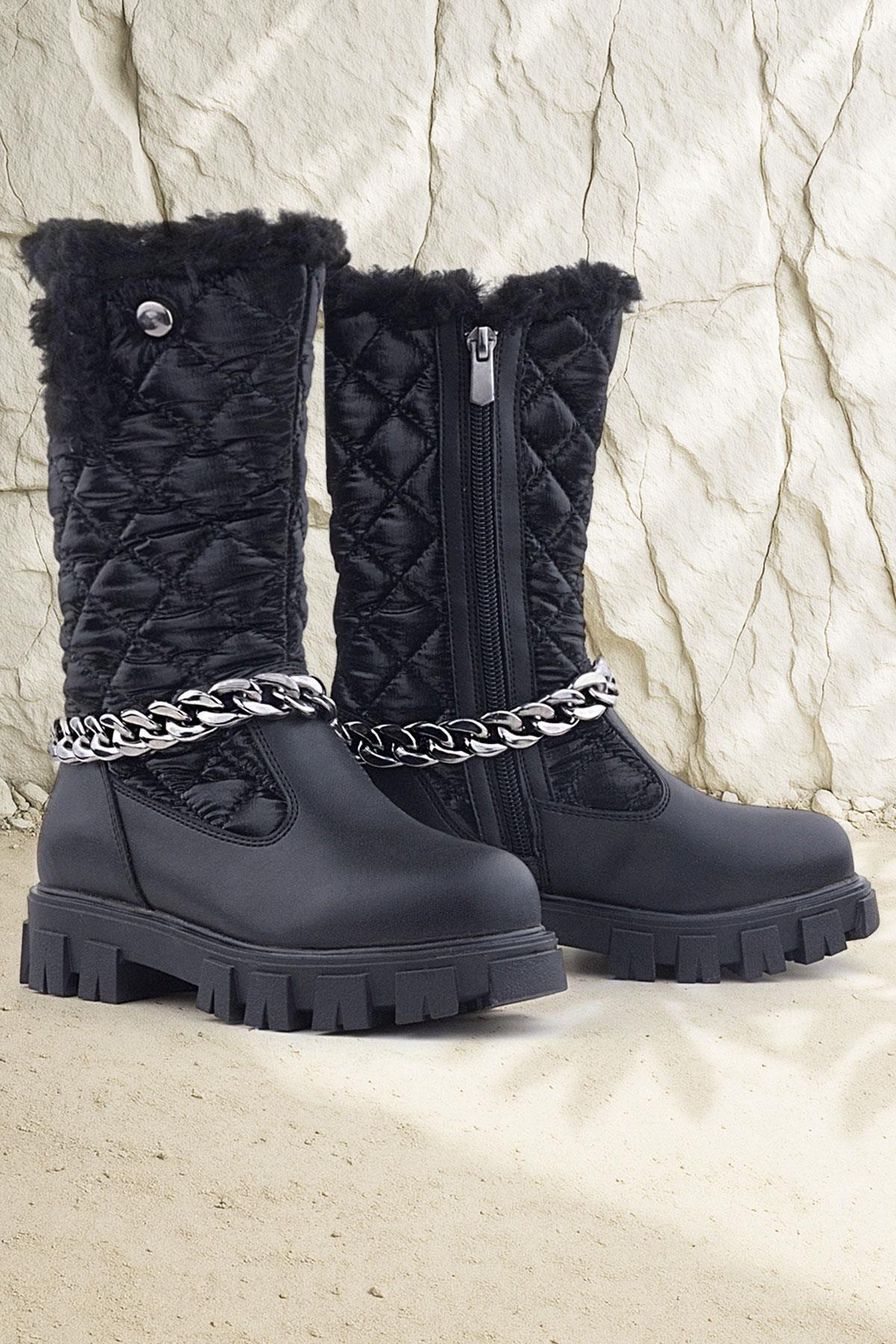 Rakerplus Black Long Zipper Chain Detailed Girls Rain Boots