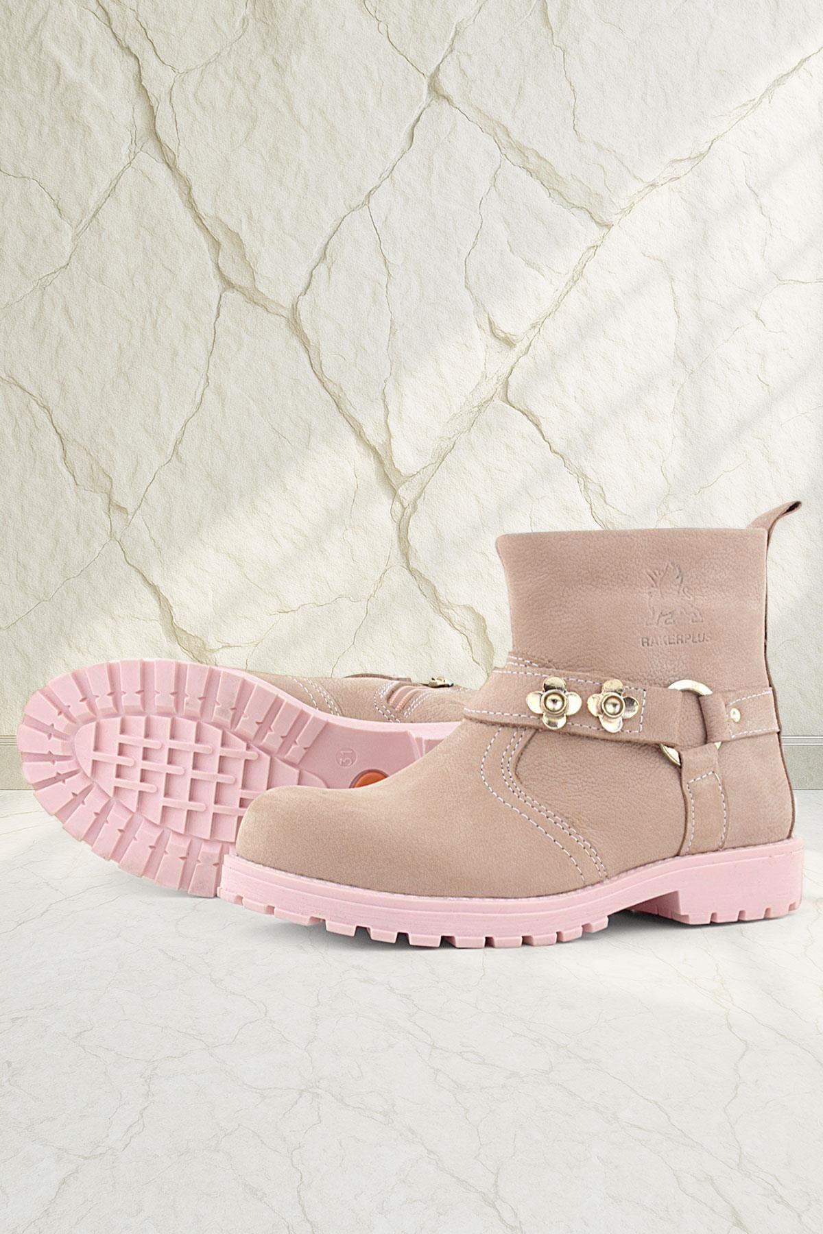Rakerplus Chiron Genuine Leather Pink Zippered Floral Girls' Boots