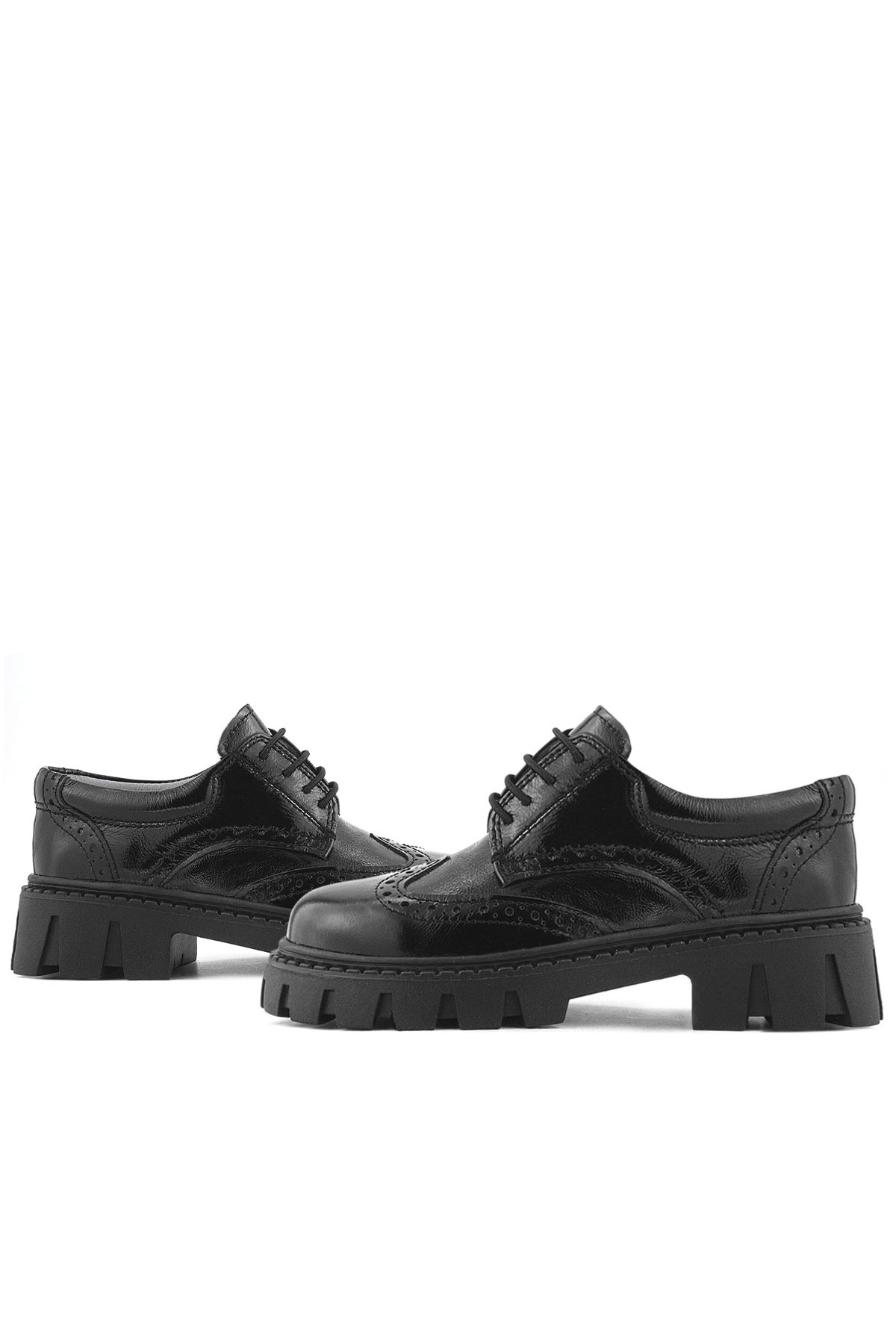 Rakerplus Hakiki Deri Siyah Kırışık Rugan Oxford Çocuk Günlük Ayakkabı
