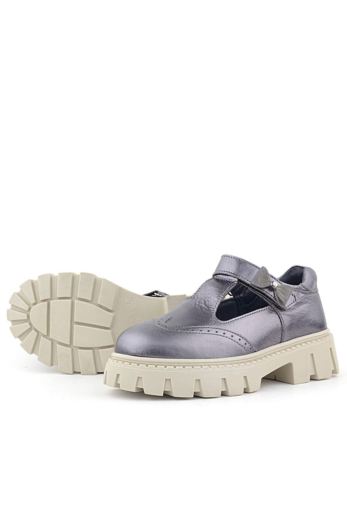 Rakerplus Hakiki Deri Platin Krem Tabanlı Cırtlı Kurdeleli Kız Çocuk Okul Ayakkabı