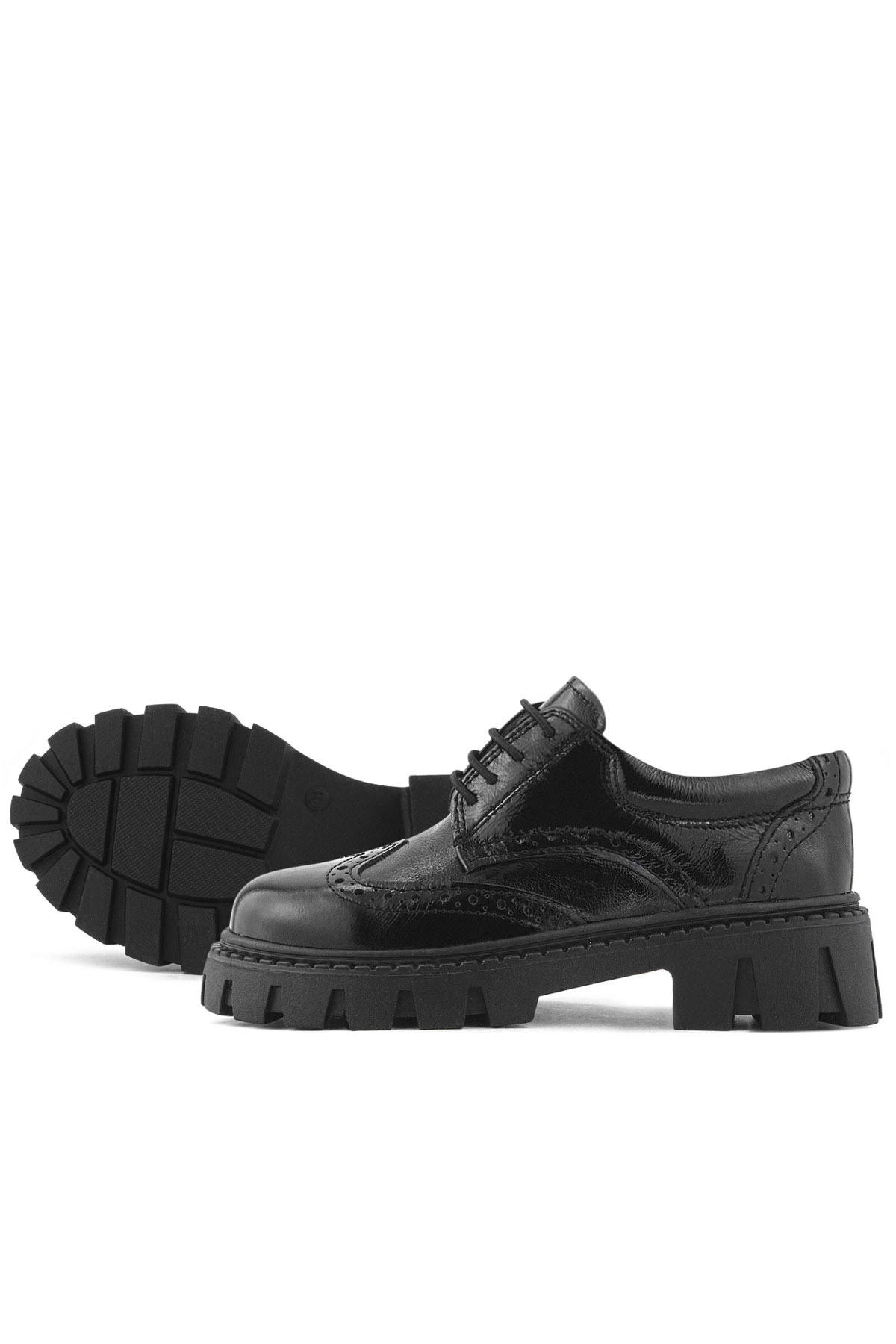 Rakerplus Hakiki Deri Siyah Kırışık Rugan Oxford Çocuk Günlük Ayakkabı