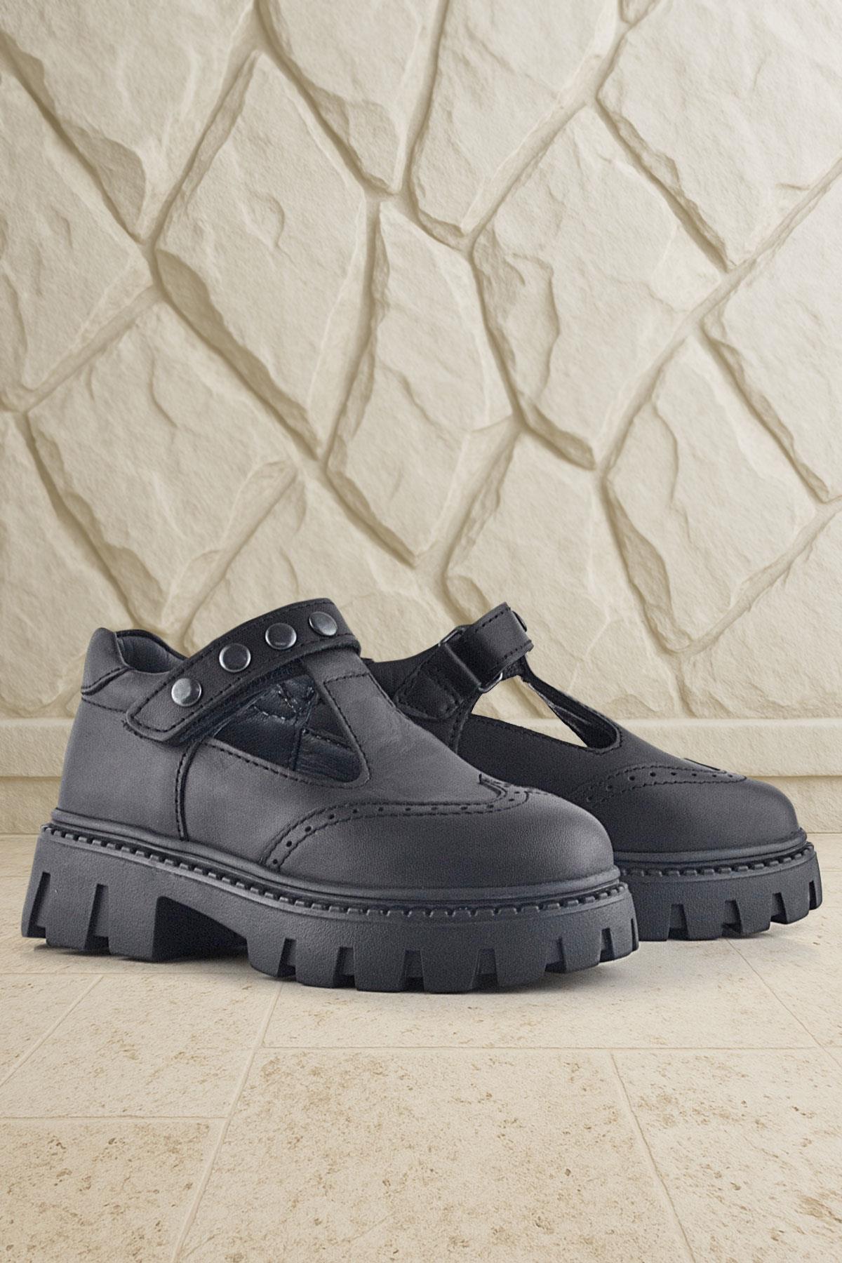 Rakerplus Genuine Leather Black Velcro Metal Detailed Girls' Casual Shoes