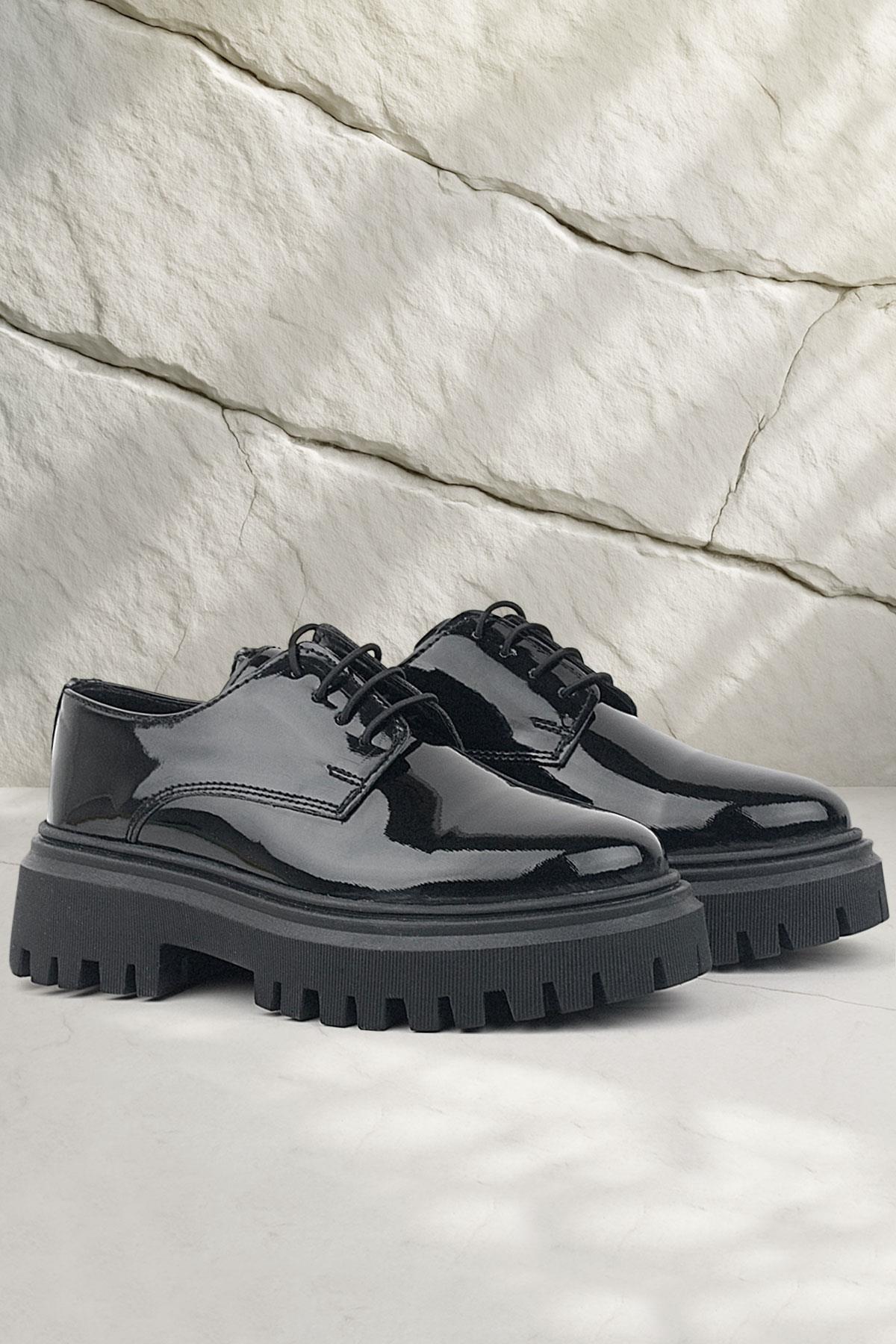 Rakerplus Black Patient Leather Laced Up Loafer Girls Kids' Casual Shoes