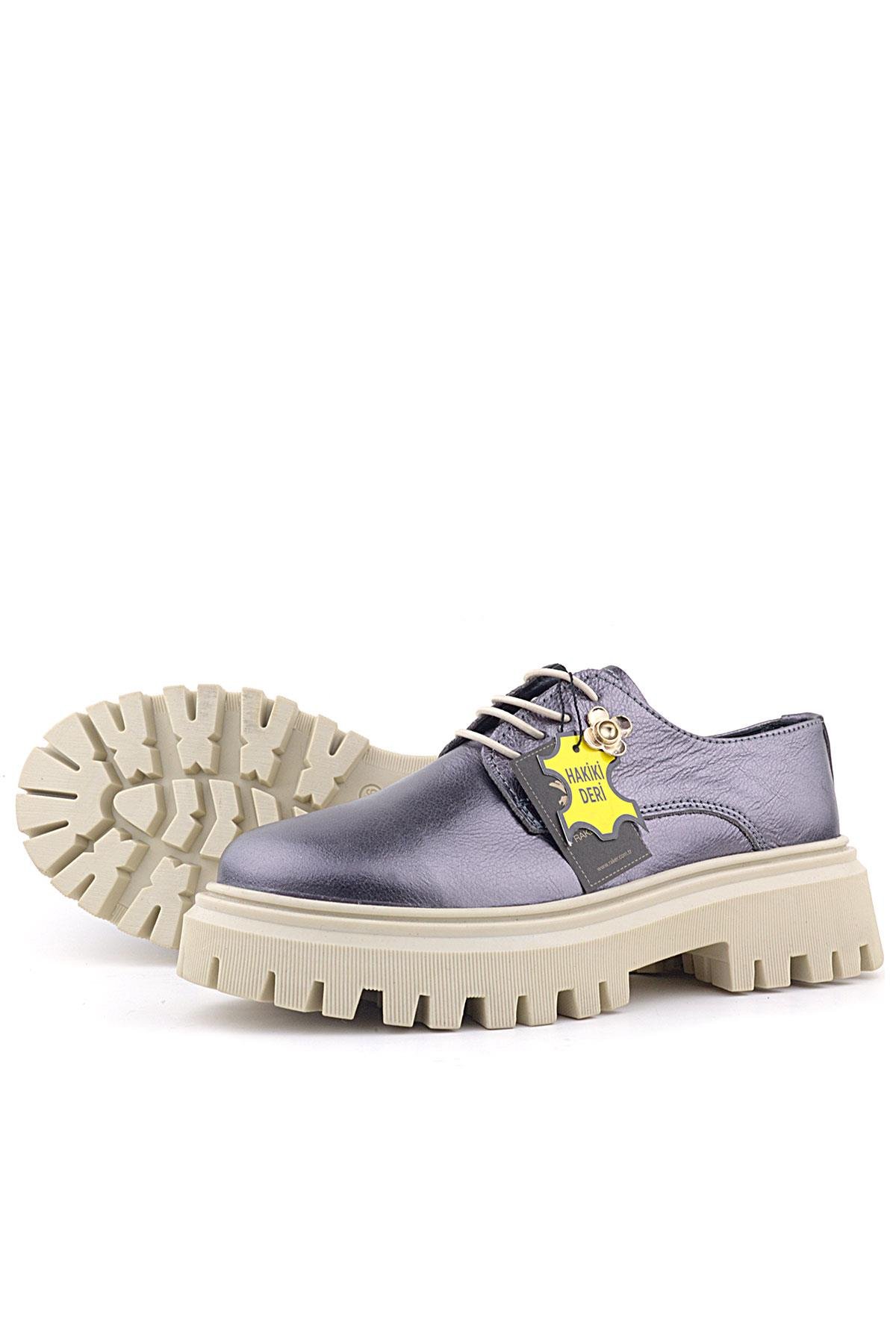 Rakerplus Platin Hakiki Deri Çiçek Detaylı Bağcıklı Oxford Günlük Ayakkabı