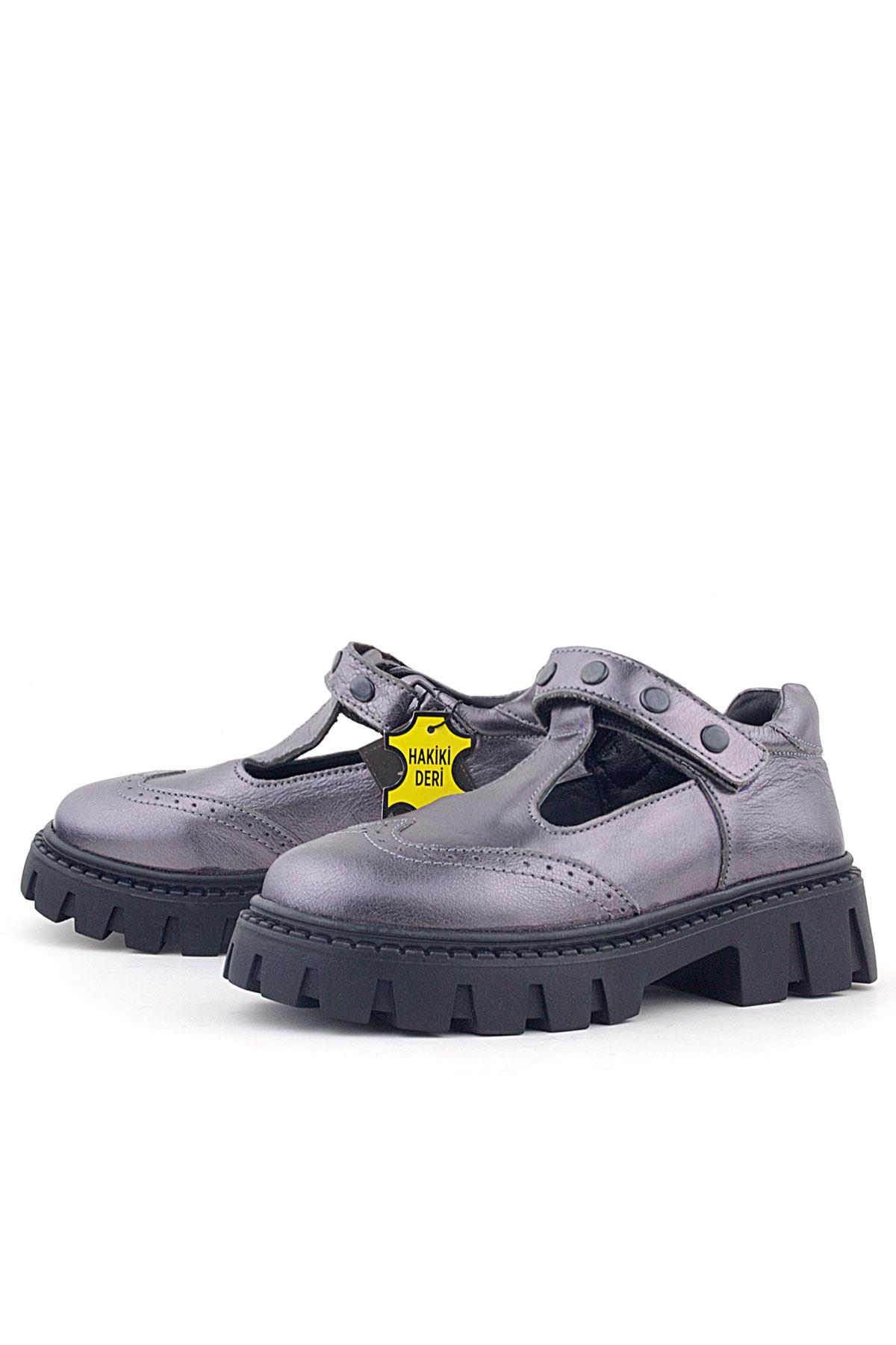 Rakerplus Hakiki Deri Platin Metal Detaylı Cırtlı Kız Çocuk Okul Ayakkabı