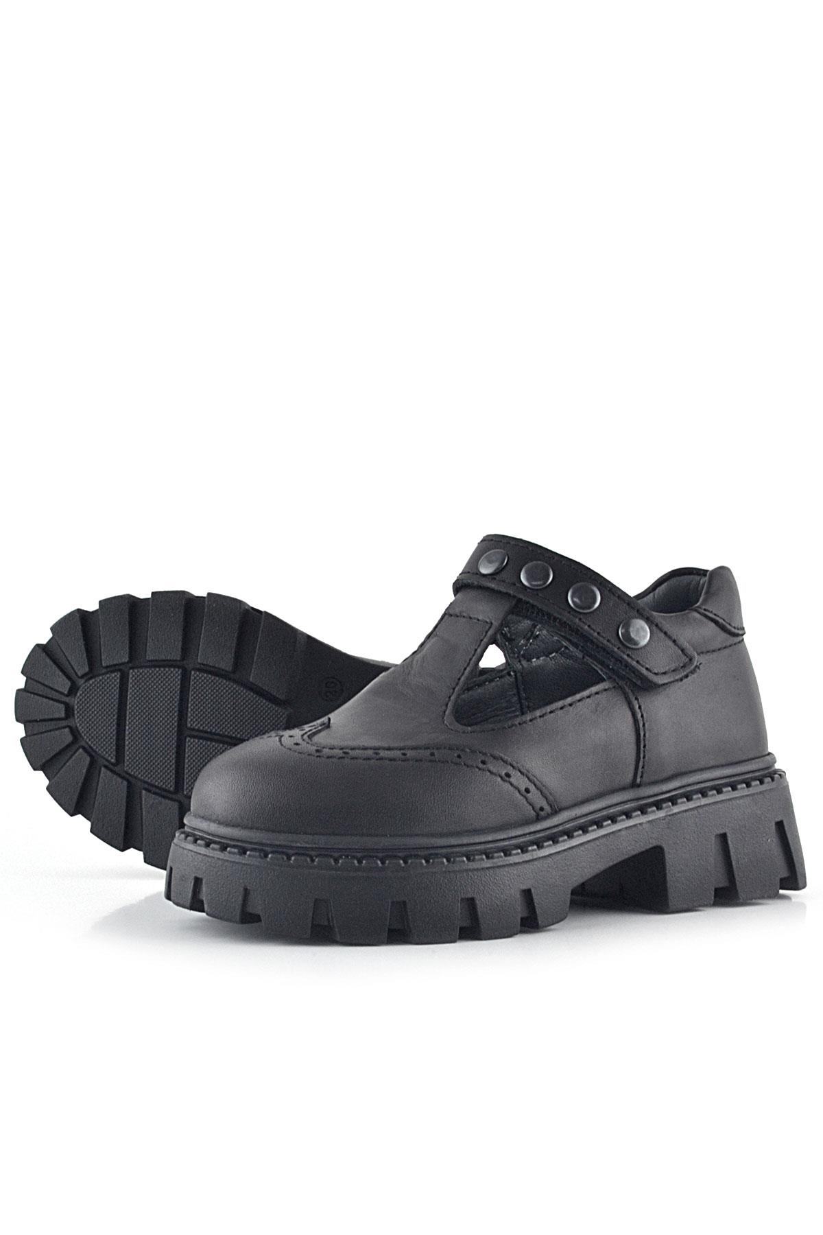 Rakerplus Hakiki Deri Siyah Cırtlı Metal Detaylı Kız Çocuk Günlük Ayakkabı