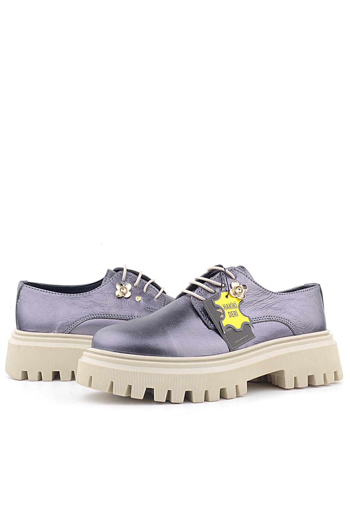 Rakerplus Platin Hakiki Deri Çiçek Detaylı Bağcıklı Oxford Günlük Ayakkabı