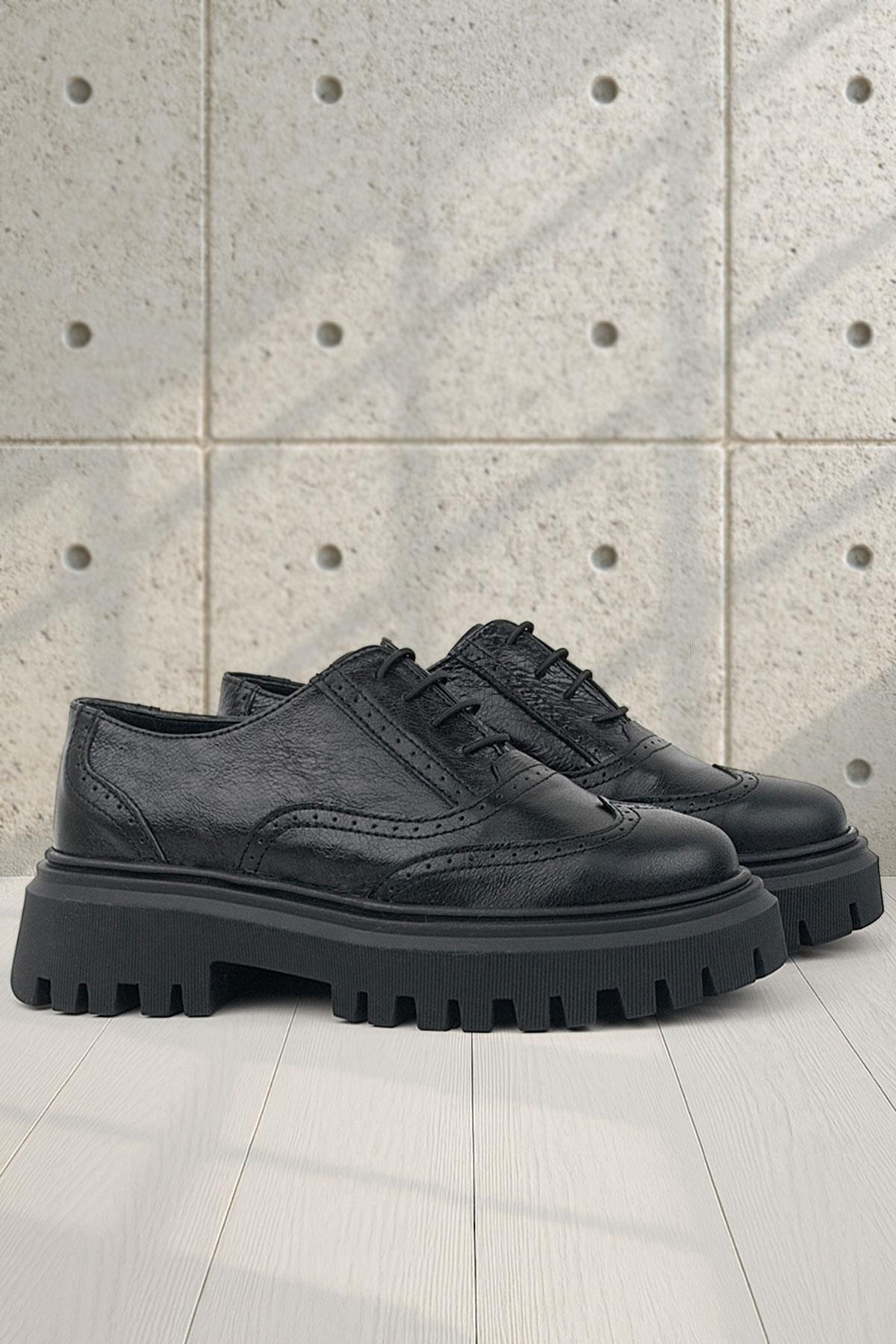 Rakerplus Siyah Kırışık Rugan Hakiki Deri Bağcıklı Oxford Günlük Ayakkabı