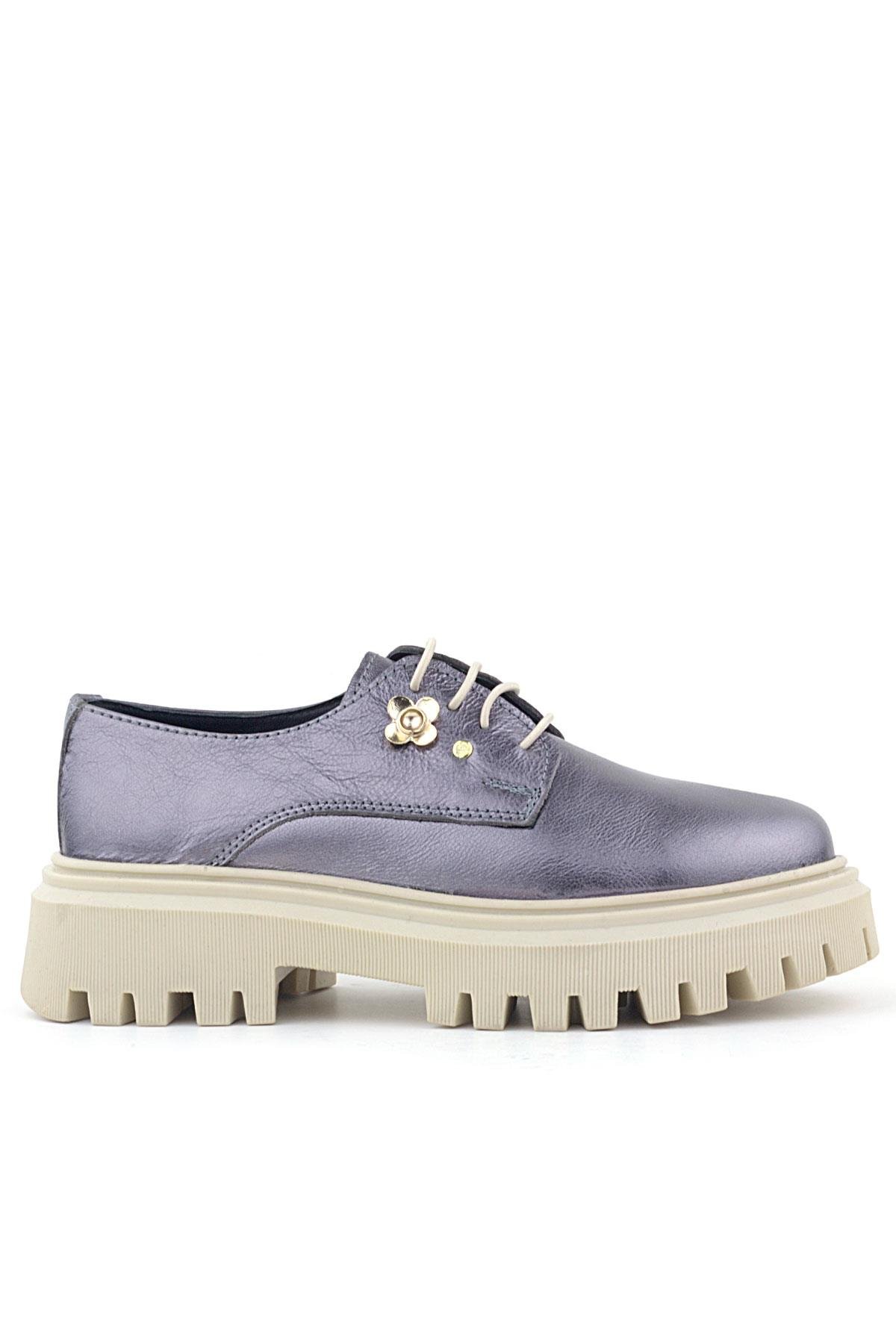 Rakerplus Platin Hakiki Deri Çiçek Detaylı Bağcıklı Oxford Günlük Ayakkabı