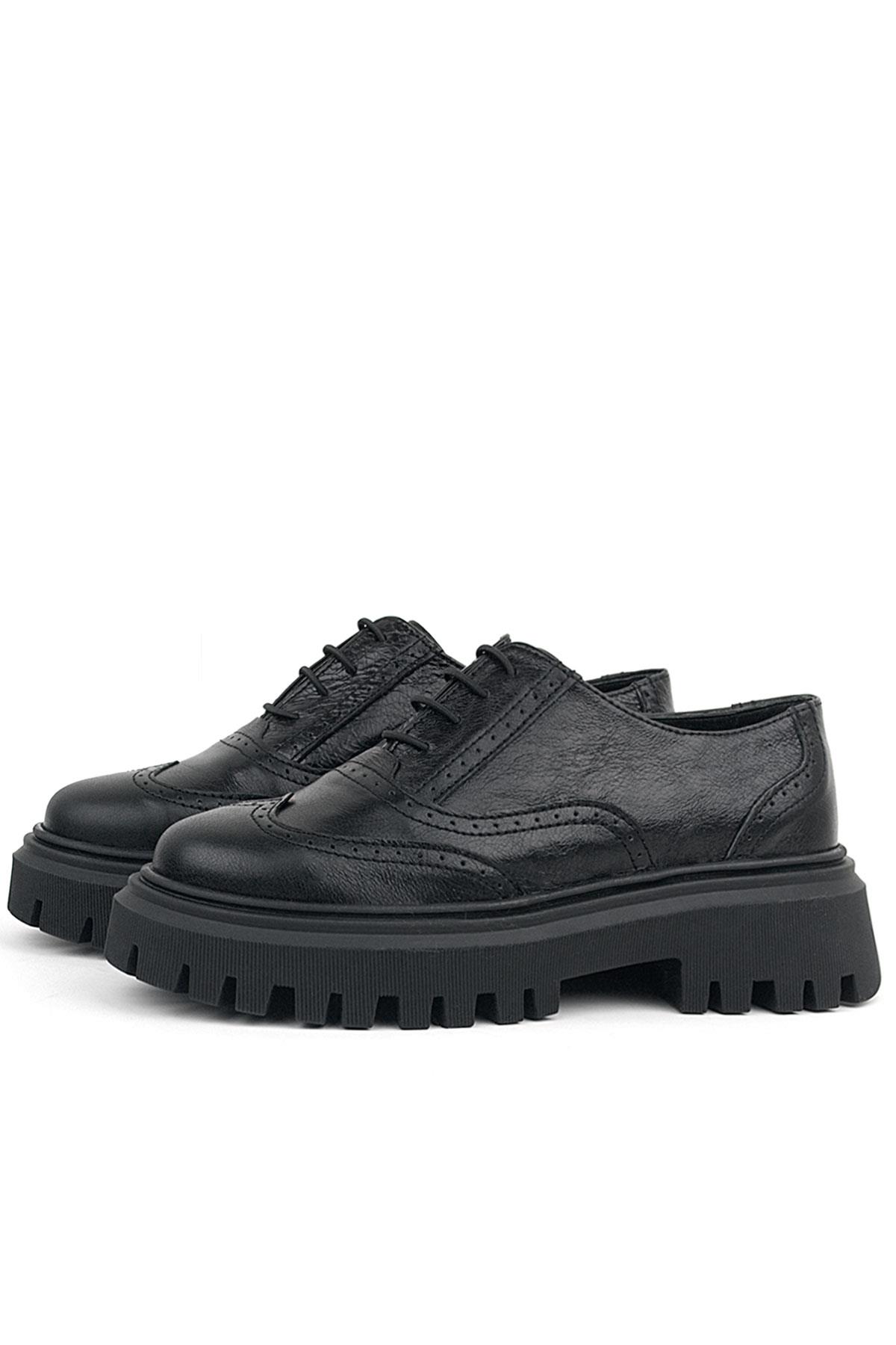 Rakerplus Siyah Kırışık Rugan Hakiki Deri Bağcıklı Oxford Günlük Ayakkabı