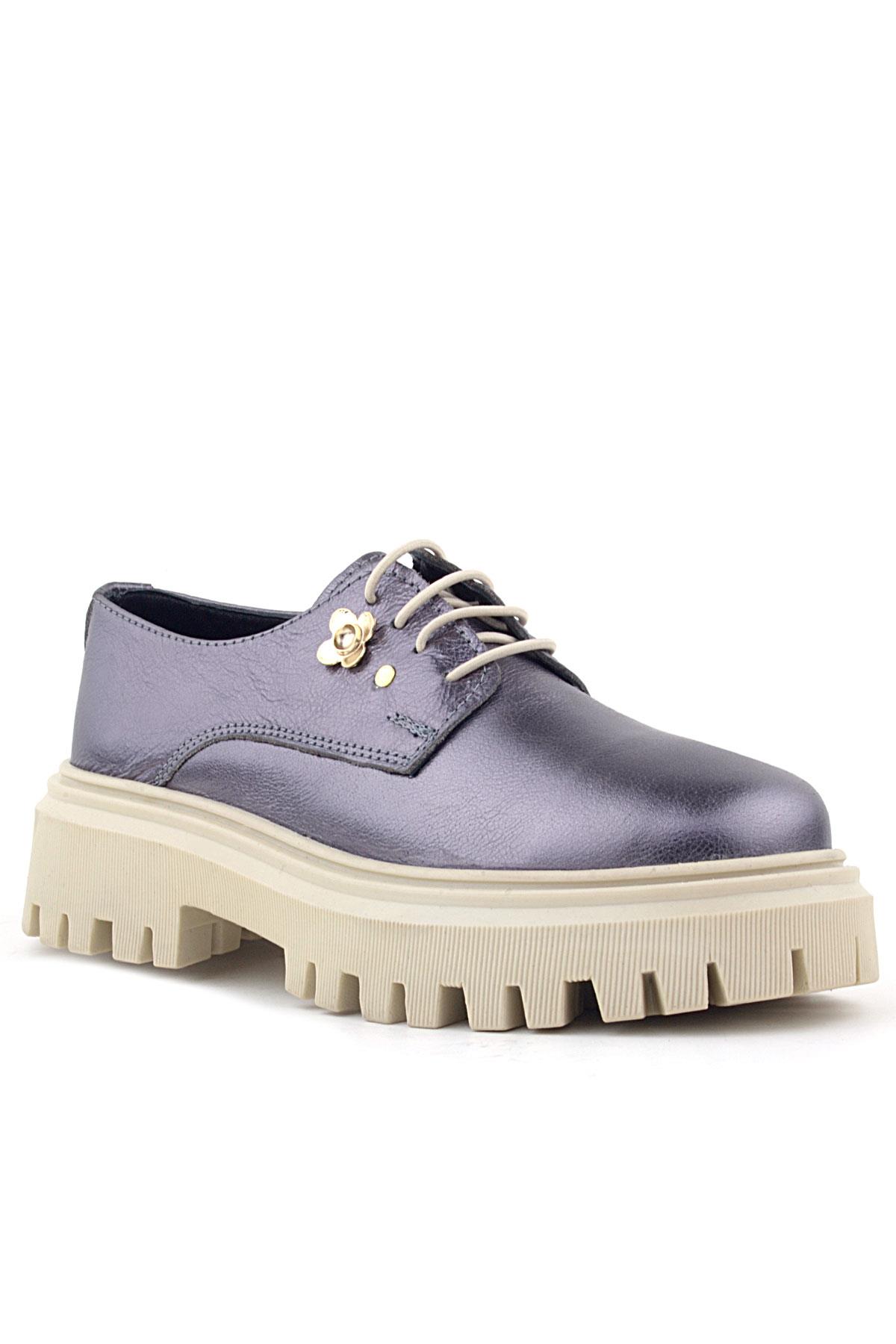 Rakerplus Platin Hakiki Deri Çiçek Detaylı Bağcıklı Oxford Günlük Ayakkabı