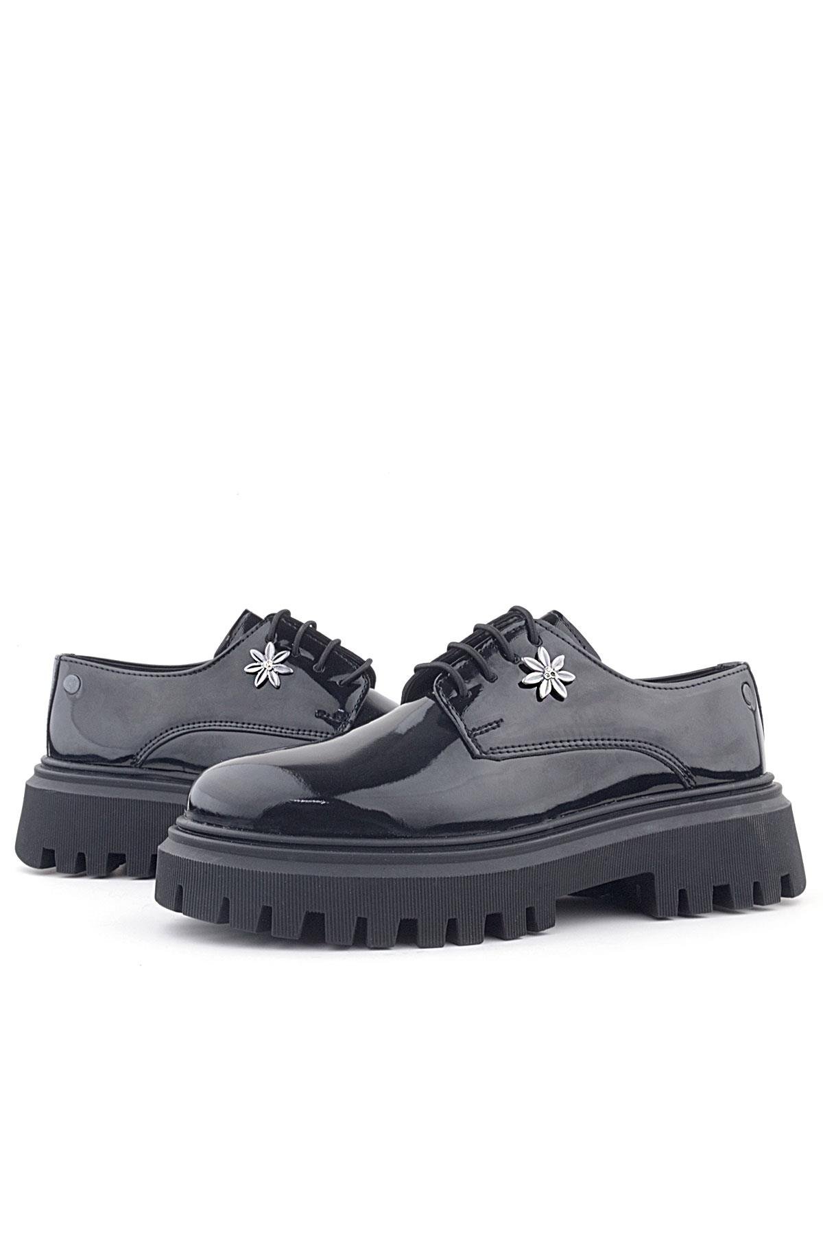Rakerplus Siyah Rugan Bağcıklı Çiçek Detaylı Oxford Günlük Ayakkabı