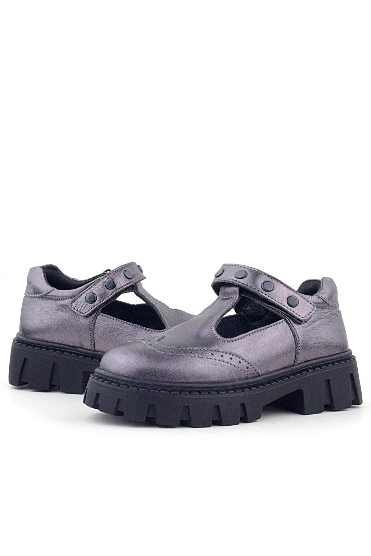 Rakerplus Hakiki Deri Platin Metal Detaylı Cırtlı Kız Çocuk Okul Ayakkabı