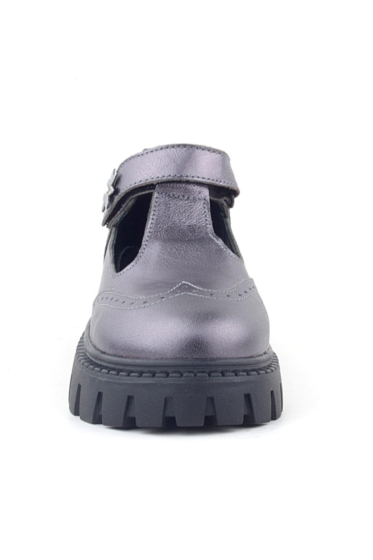 Rakerplus Hakiki Deri Platin Çiçek Detaylı Cırtlı Kız Çocuk Okul Ayakkabı