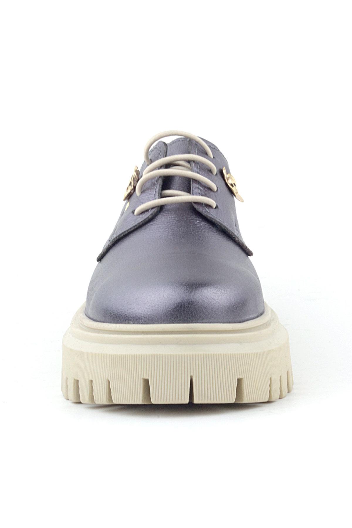 Rakerplus Platin Hakiki Deri Çiçek Detaylı Bağcıklı Oxford Günlük Ayakkabı