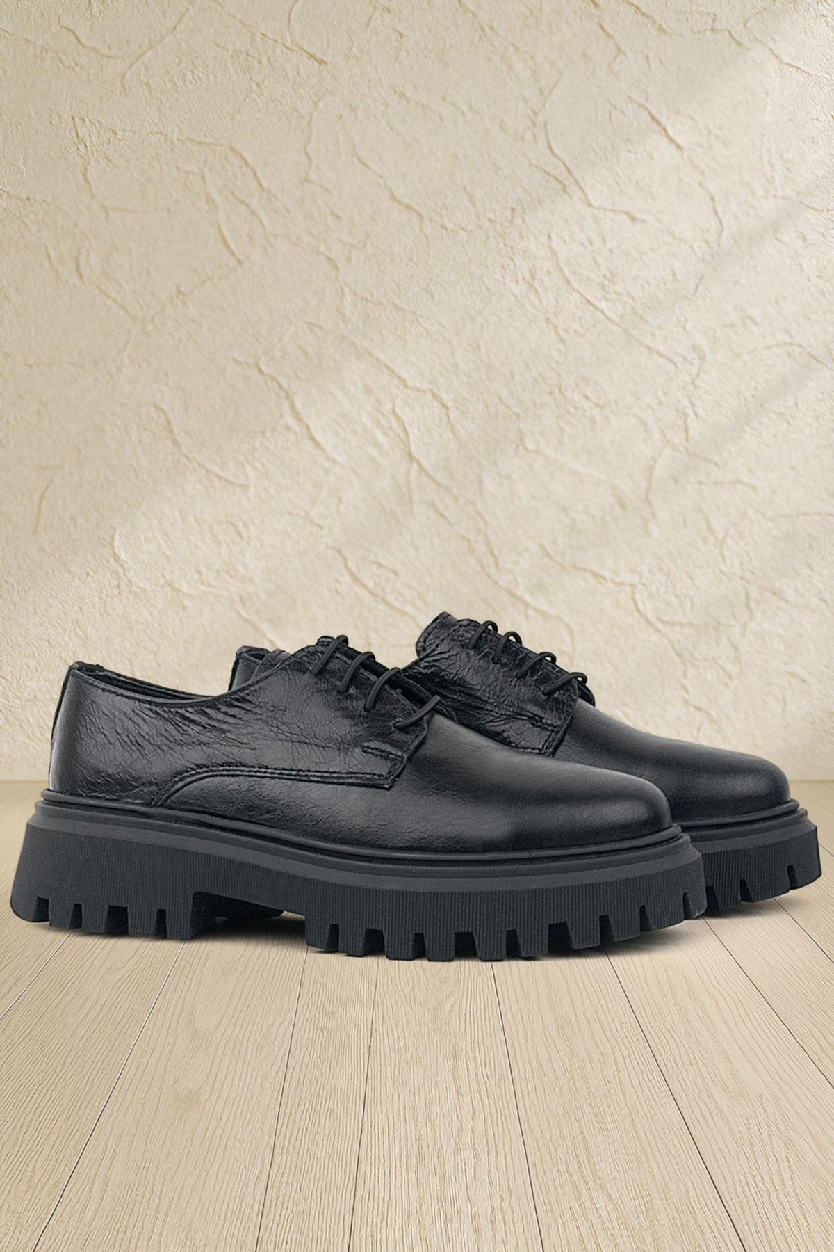 Rakerplus Siyah Kırışık Rugan Hakiki Deri Bağcıklı Kız Çocuk Oxford Okul Ayakkabı