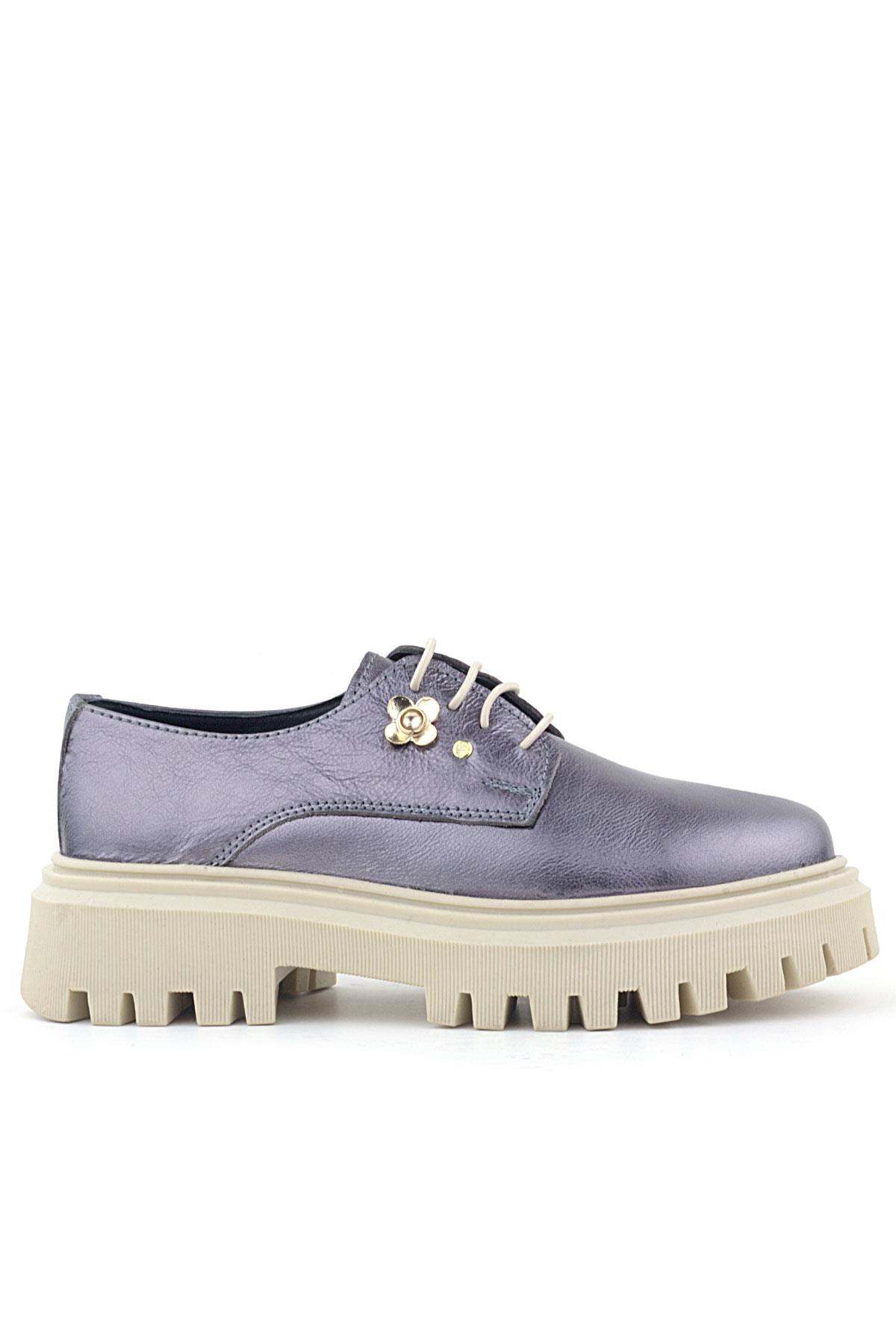 Rakerplus Platin Hakiki Deri Çiçek Detaylı Bağcıklı Oxford Günlük Ayakkabı