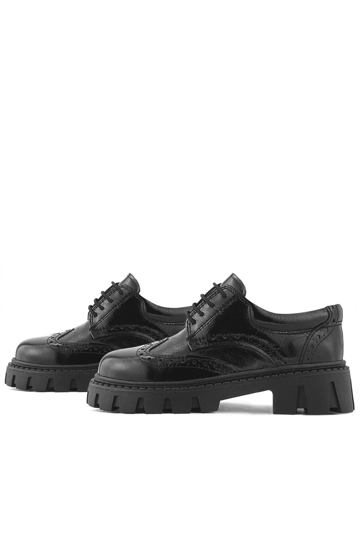 Rakerplus Hakiki Deri Siyah Kırışık Rugan Oxford Çocuk Günlük Ayakkabı