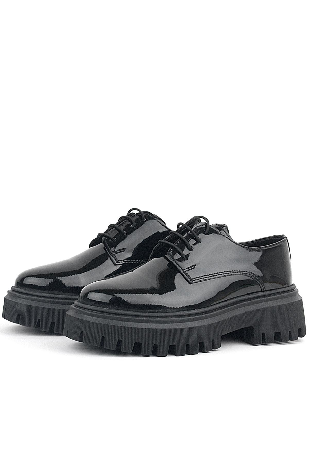 Rakerplus Black Patient Leather Laced Up Loafer Girls Kids' Casual Shoes