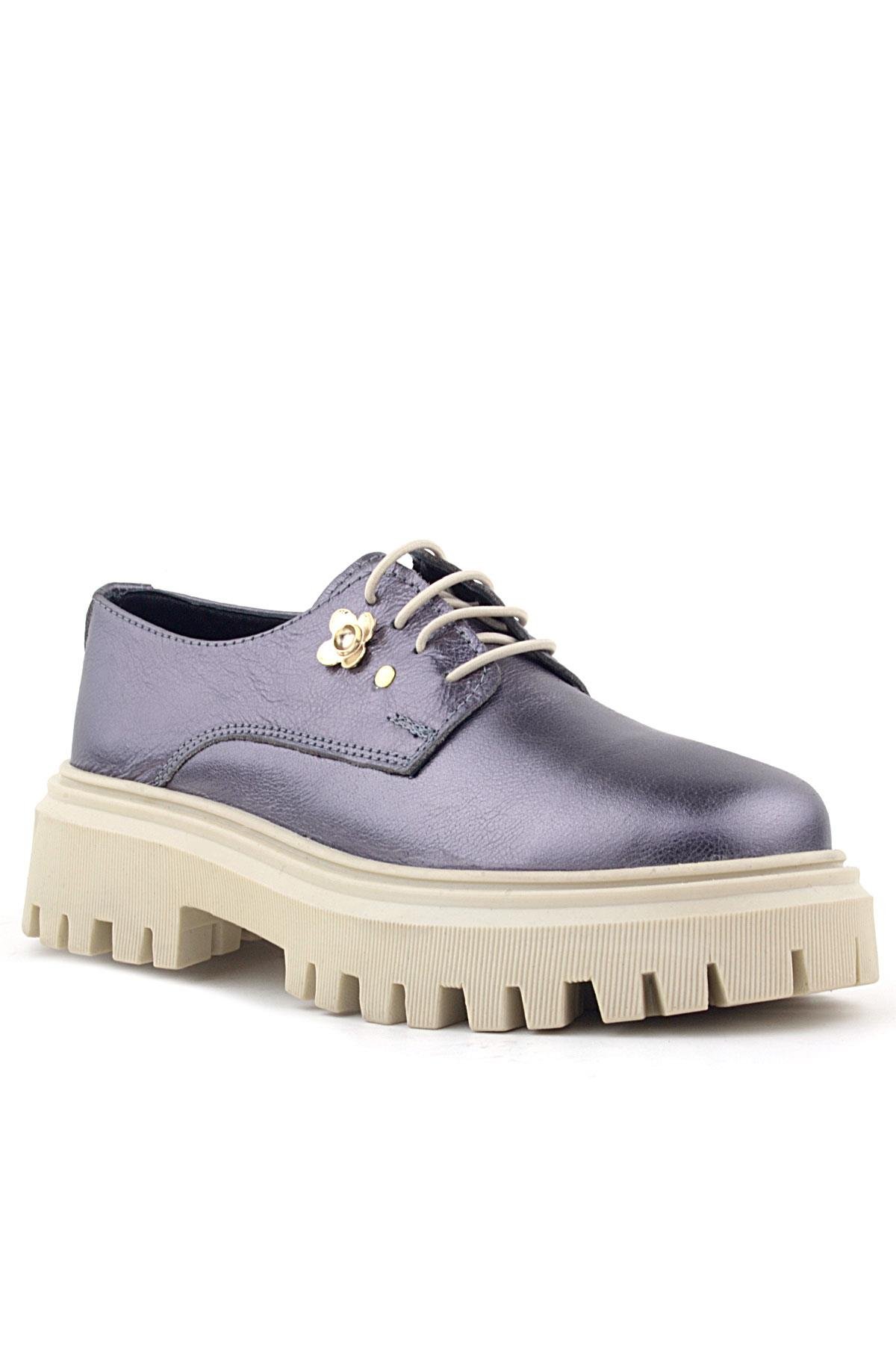 Rakerplus Platin Hakiki Deri Çiçek Detaylı Bağcıklı Oxford Günlük Ayakkabı