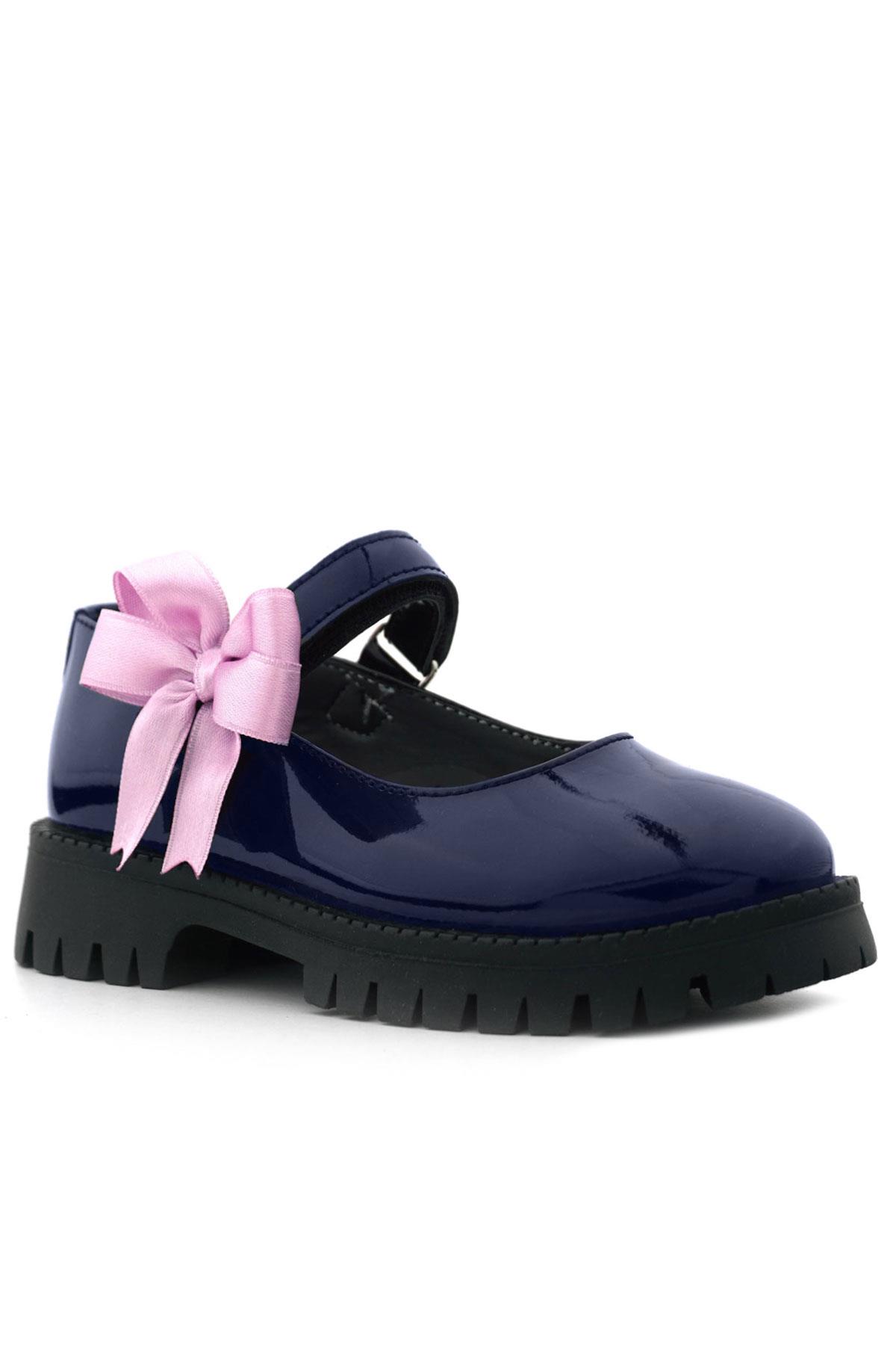Rakerplus Lacivert Rugan Cırtlı Kalın Tabanlı Kurdeleli Kız Çocuk Okul Ayakkabısı 120-LRDT.35