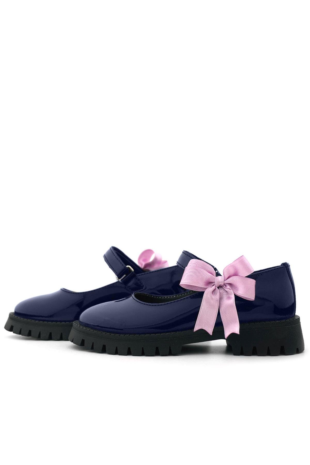 Rakerplus Lacivert Rugan Cırtlı Kalın Tabanlı Kurdeleli Kız Çocuk Okul Ayakkabısı 120-LRDT.35