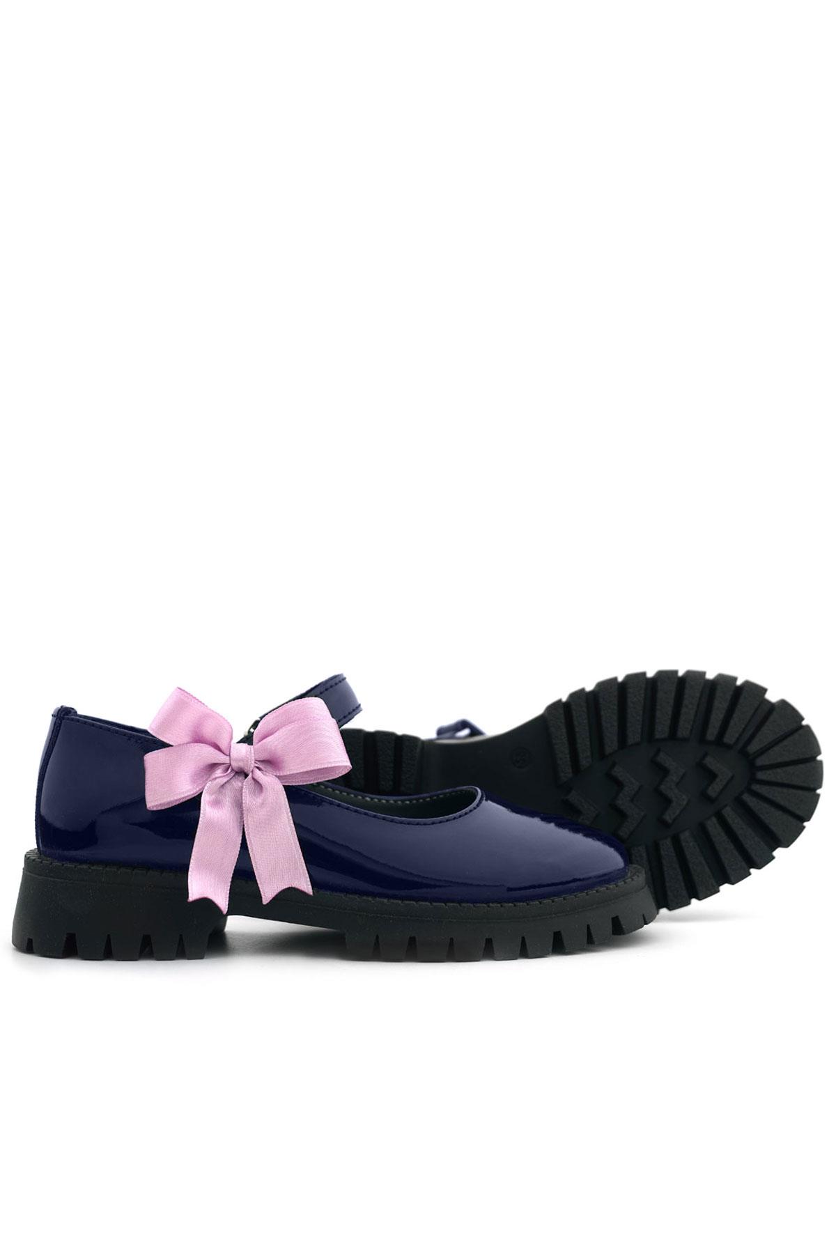 Rakerplus Lacivert Rugan Cırtlı Kalın Tabanlı Kurdeleli Kız Çocuk Okul Ayakkabısı 120-LRDT.35