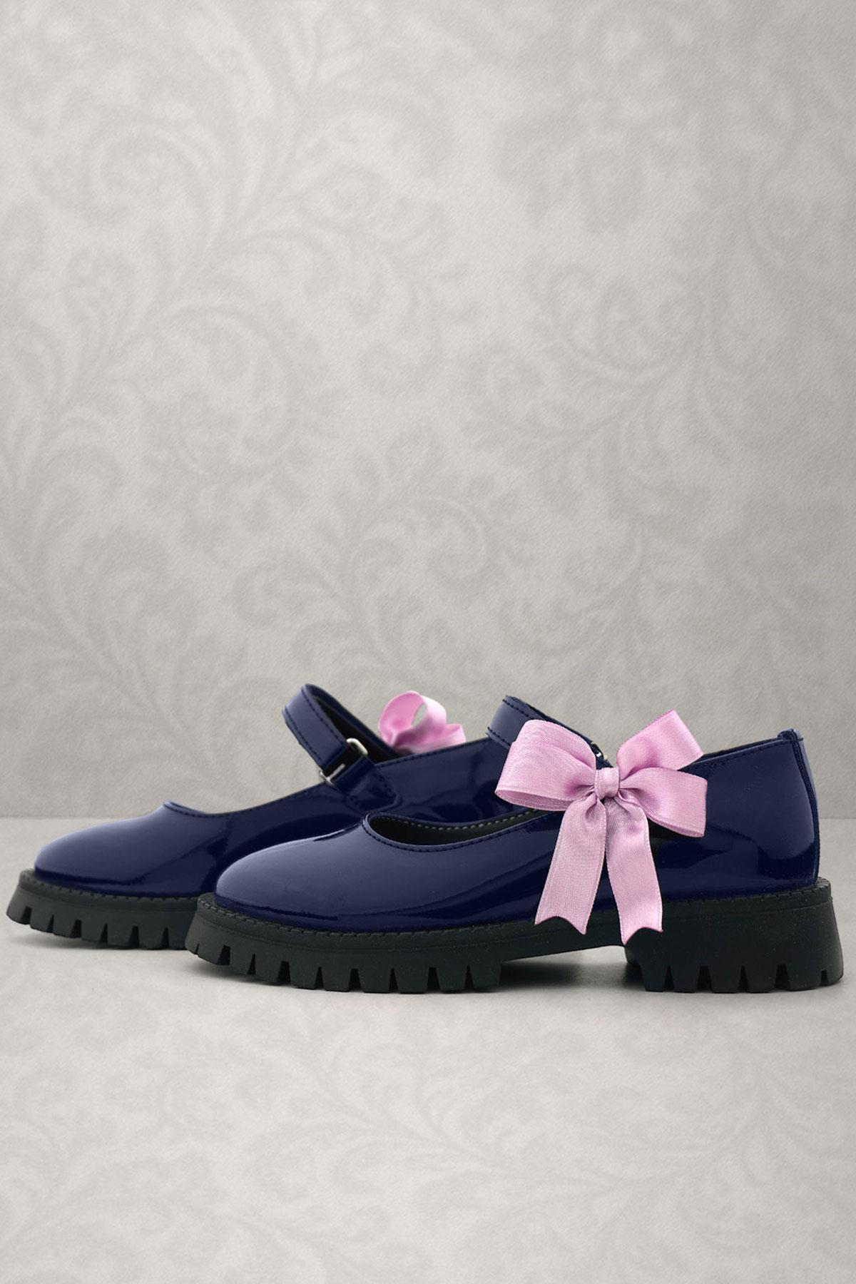Rakerplus Lacivert Rugan Cırtlı Kalın Tabanlı Kurdeleli Kız Çocuk Okul Ayakkabısı 120-LRDT.35