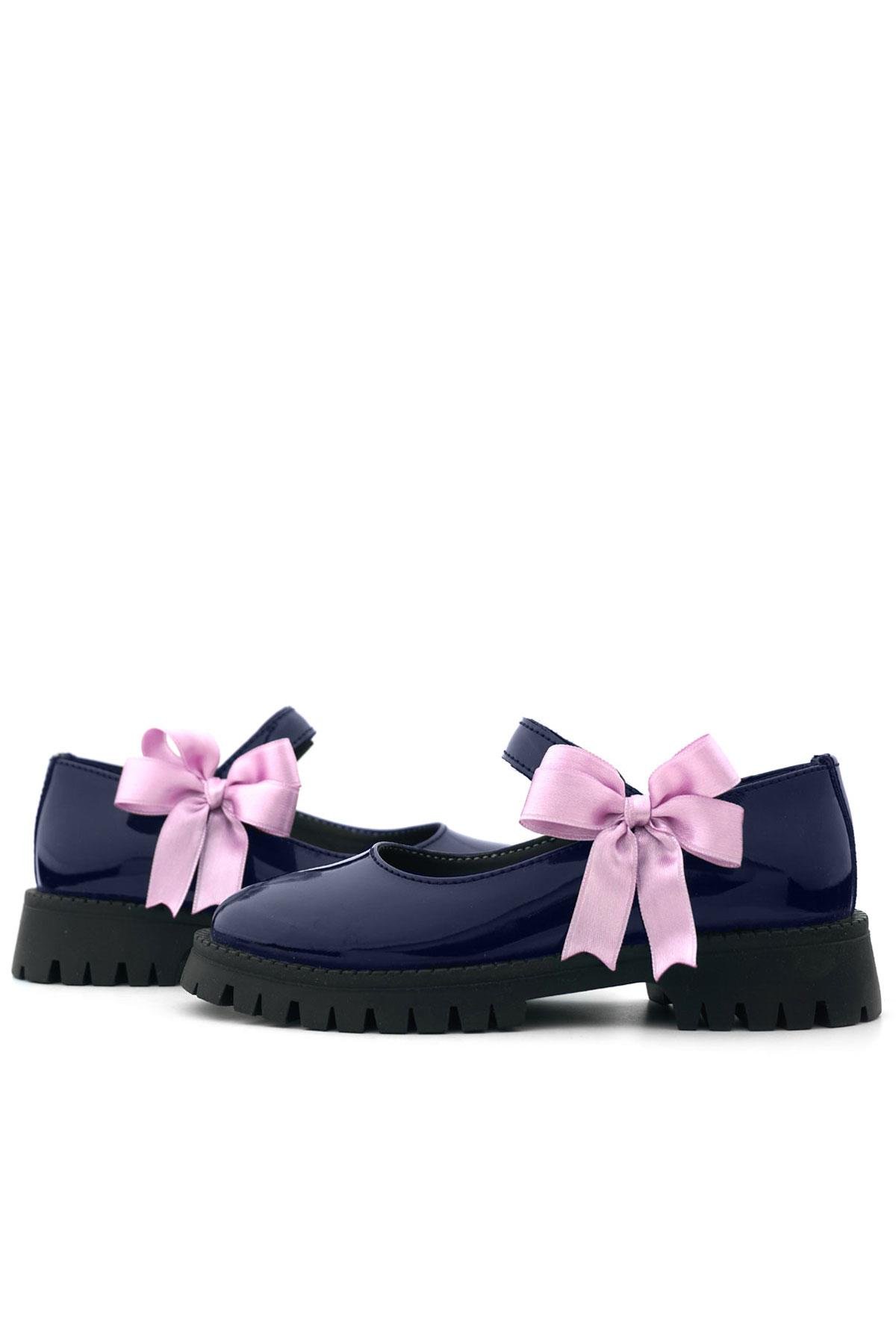 Rakerplus Lacivert Rugan Cırtlı Kalın Tabanlı Kurdeleli Kız Çocuk Okul Ayakkabısı 120-LRDT.35