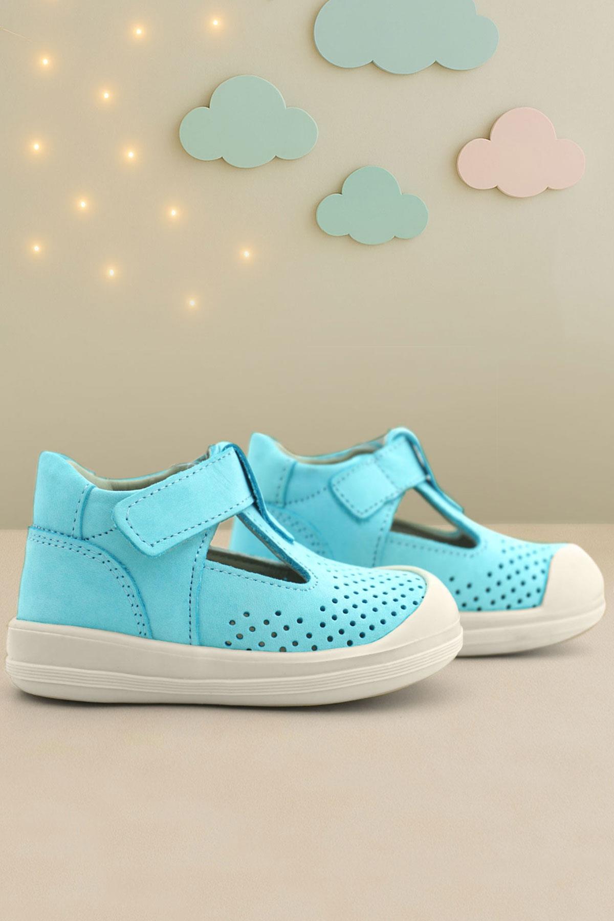 Rakerplus Shaun Hakiki Deri Mavi Beyaz Cırtlı Anatomik Bebek Sandalet R620-MABE.25