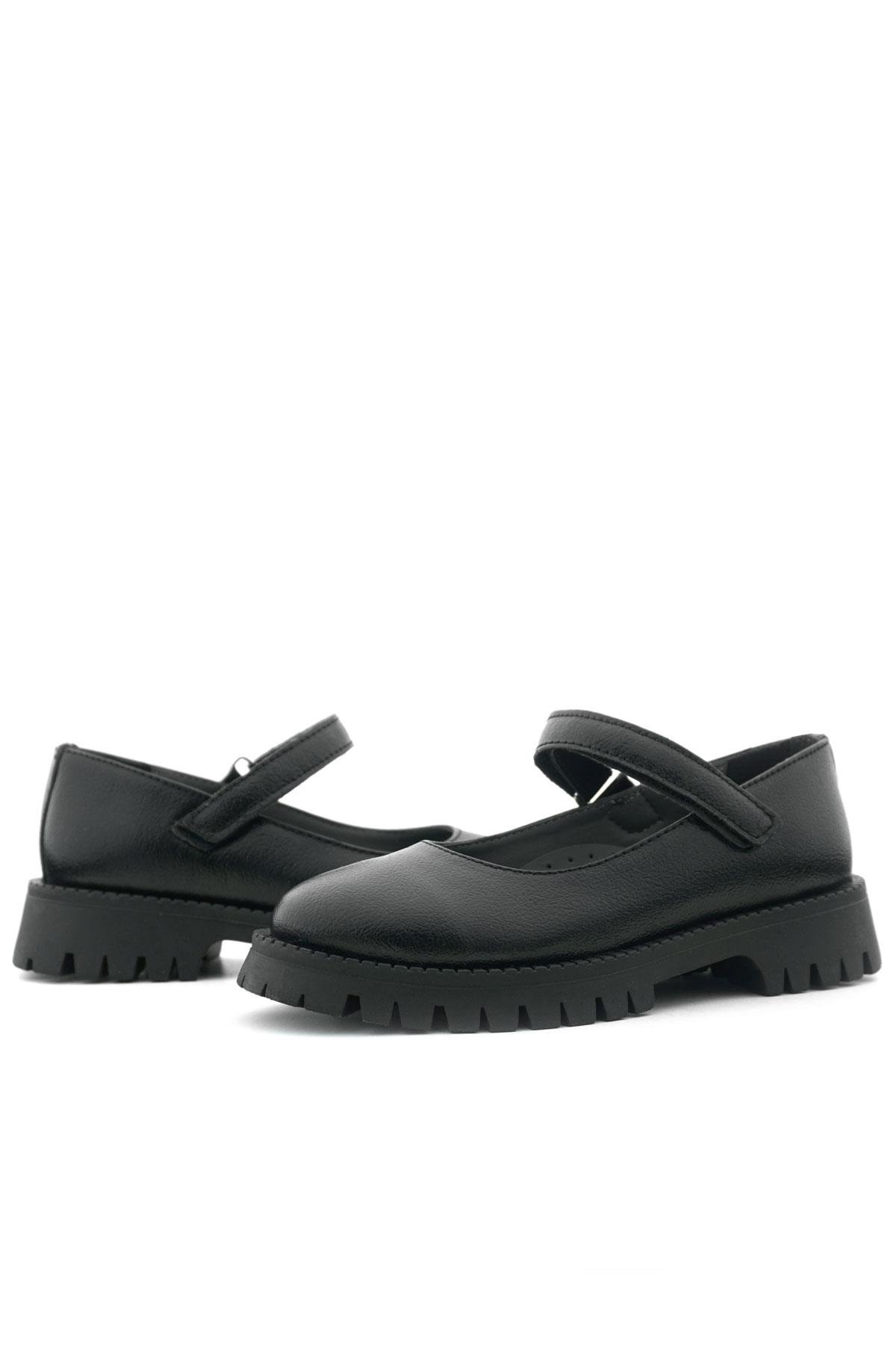 Rakerplus Siyah Kırışık Rugan Cırtlı Kalın Tabanlı Kız Çocuk Okul Ayakkabısı 120-SRK.30