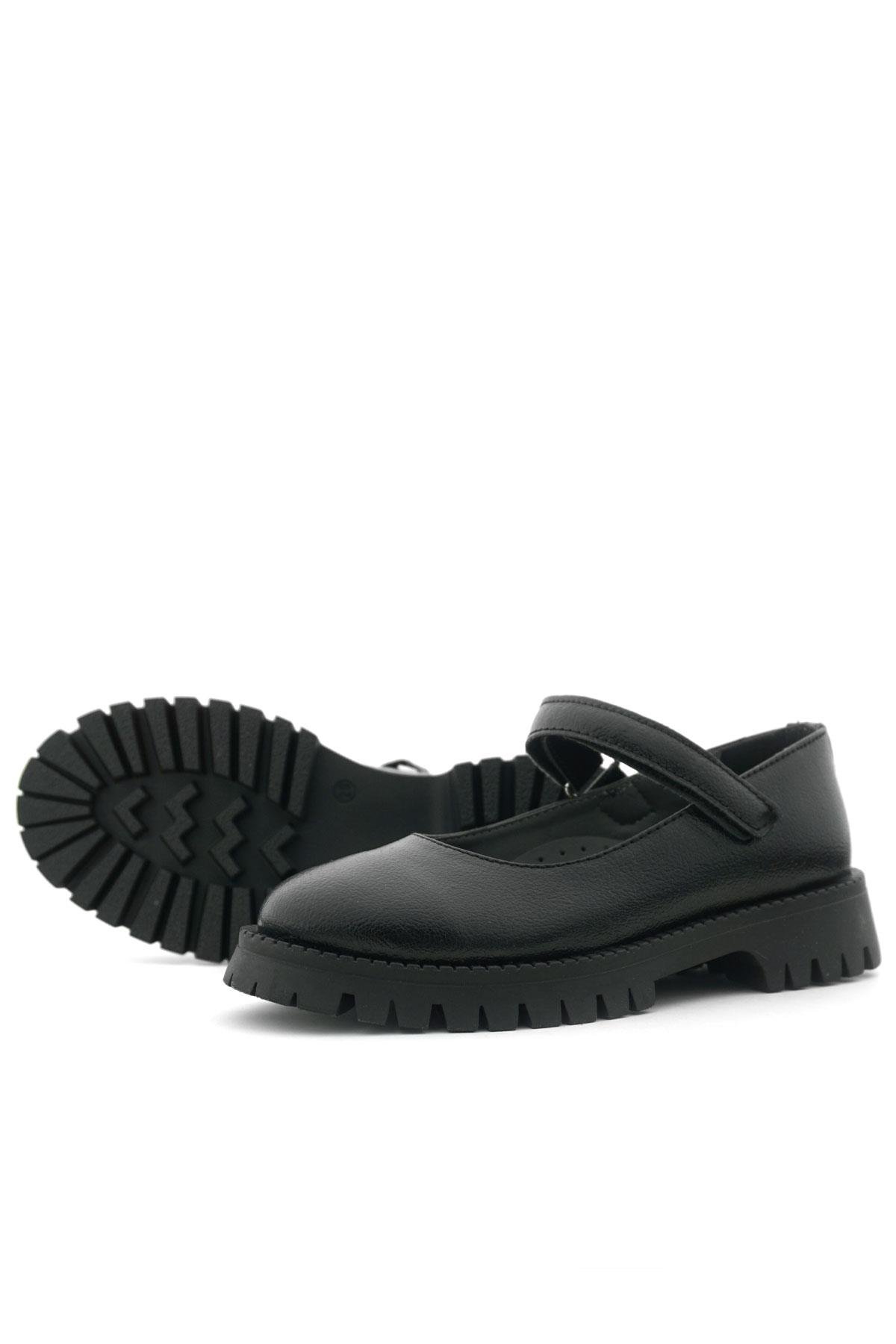 Rakerplus Siyah Kırışık Rugan Cırtlı Kalın Tabanlı Kız Çocuk Okul Ayakkabısı 120-SRK.30