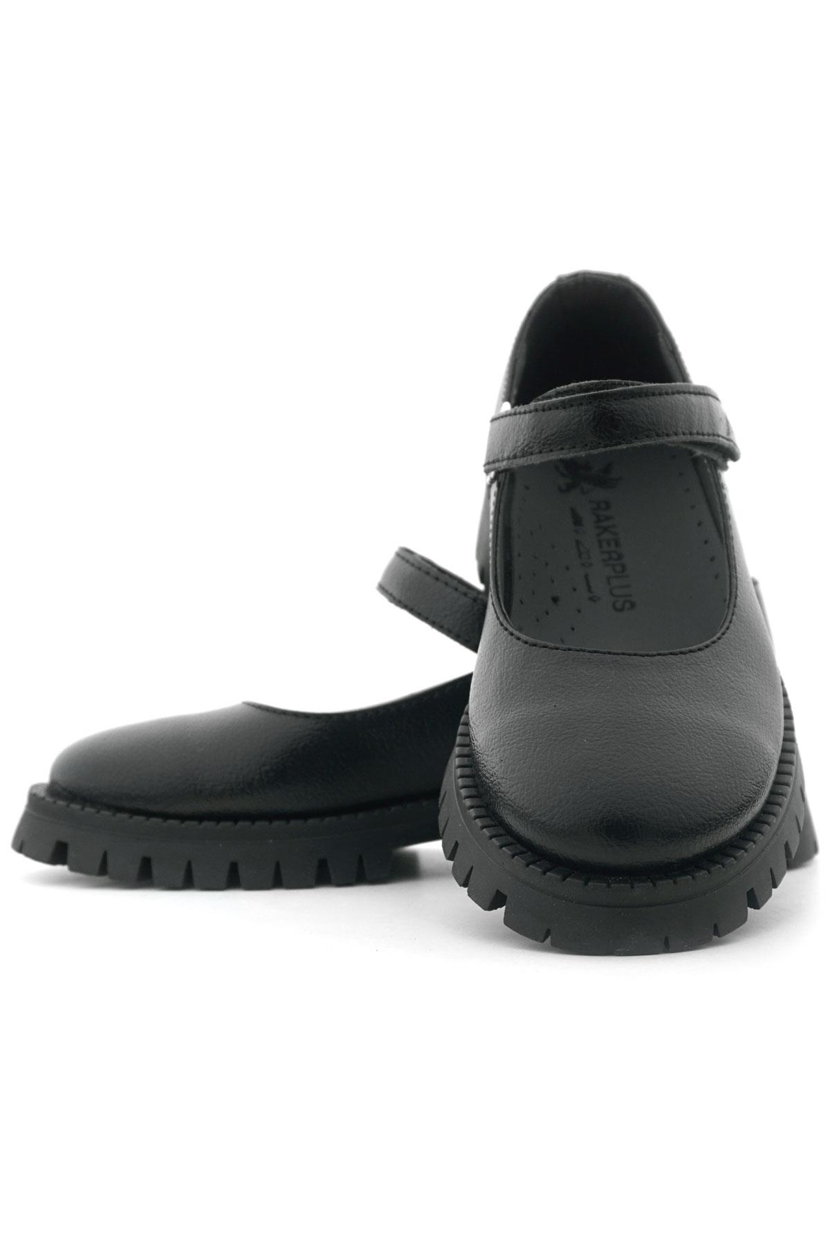Rakerplus Siyah Kırışık Rugan Cırtlı Kalın Tabanlı Kız Çocuk Okul Ayakkabısı 120-SRK.30