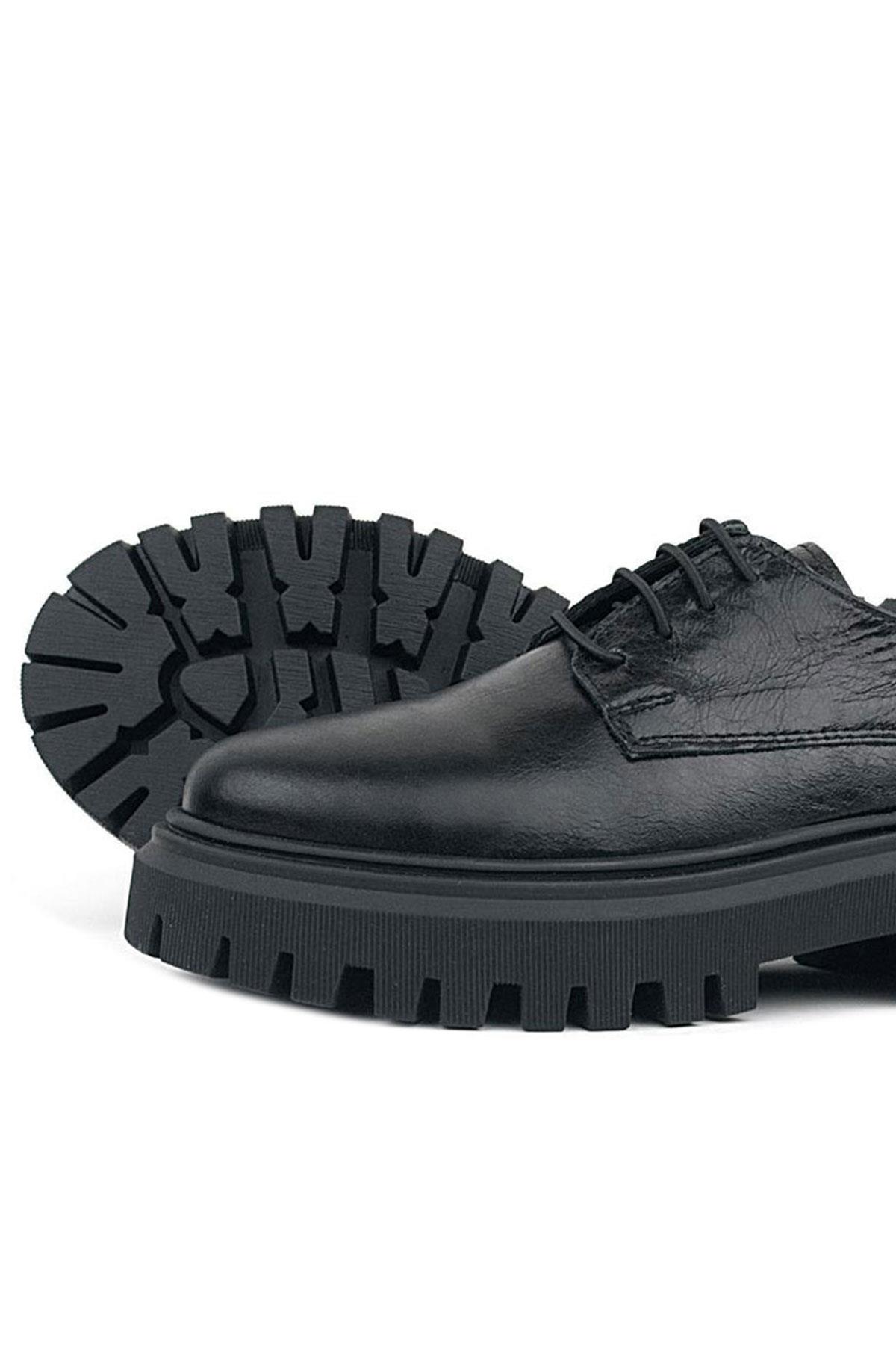 Rakerplus Siyah Kırışık Rugan Hakiki Deri Bağcıklı Kız Çocuk Oxford Okul Ayakkabı 1030-SR-B-DERI-D.36