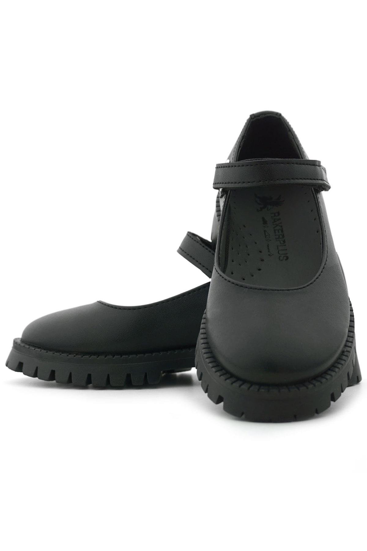 Rakerplus Siyah Mat Cırtlı Kalın Tabanlı Kız Çocuk Okul Ayakkabısı 120-SM.30