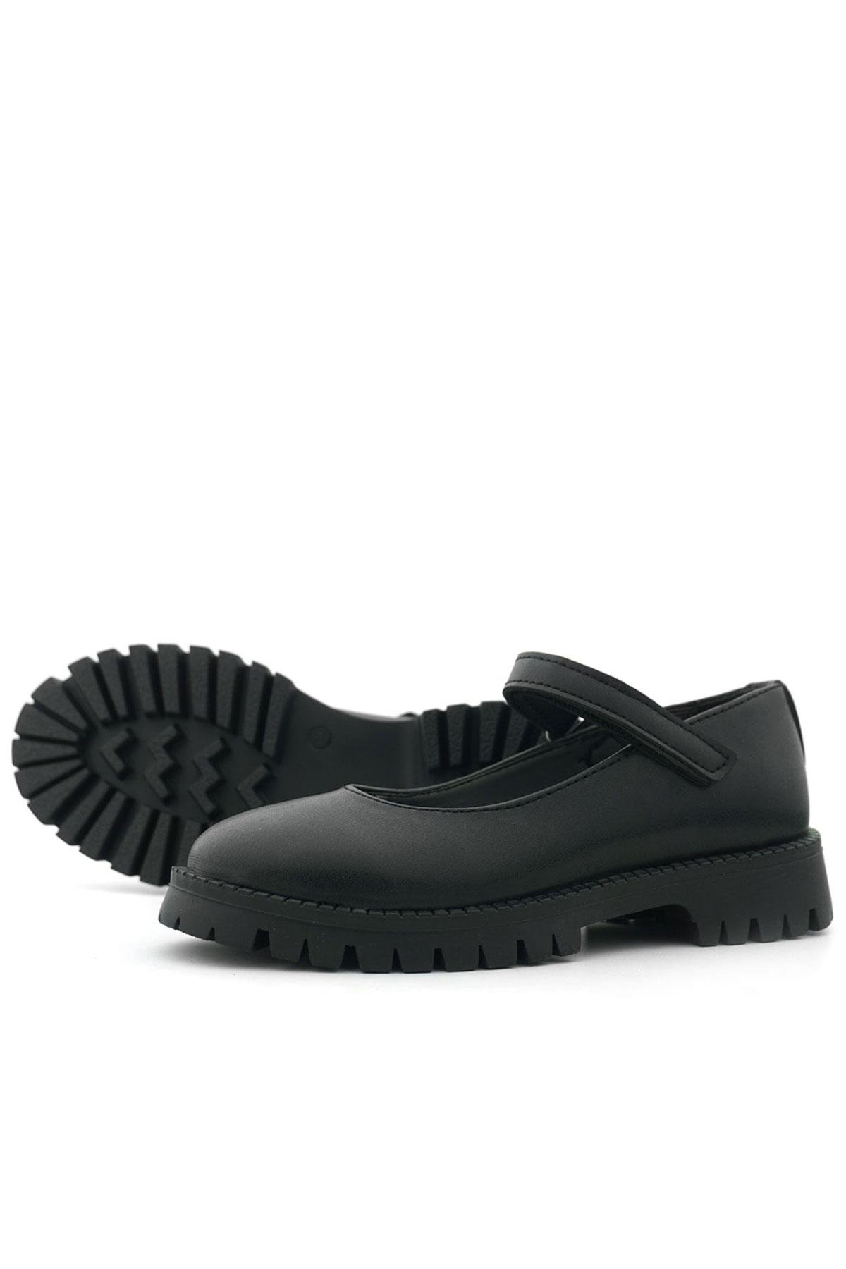 Rakerplus Siyah Mat Cırtlı Kalın Tabanlı Kız Çocuk Okul Ayakkabısı 120-SM.30