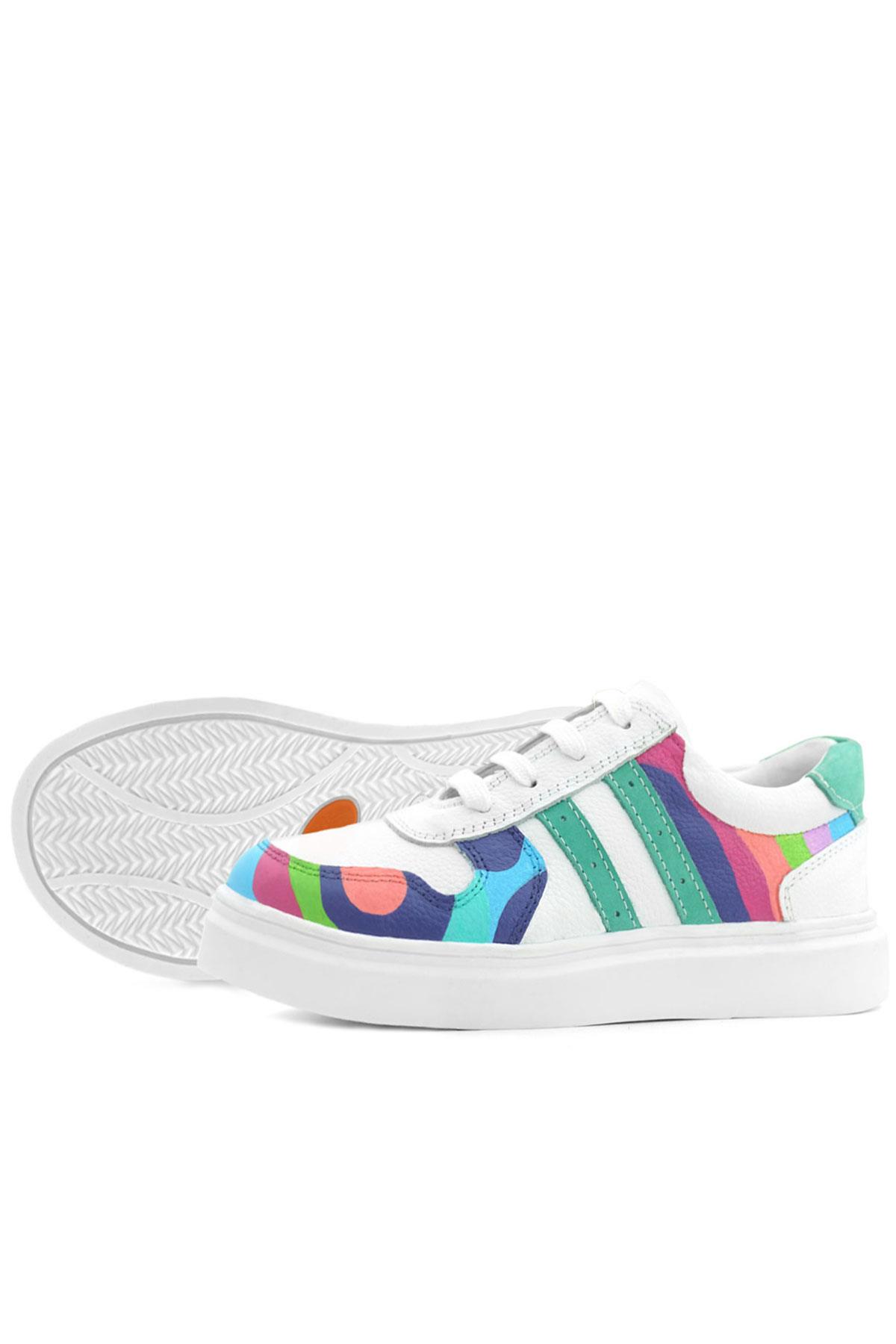 Rakerplus Tbons Özel Tasarım Hakiki Deri Beyaz Yeşil Bağcıklı Fermuarlı Çocuk Sneaker 3701-BYTB.39