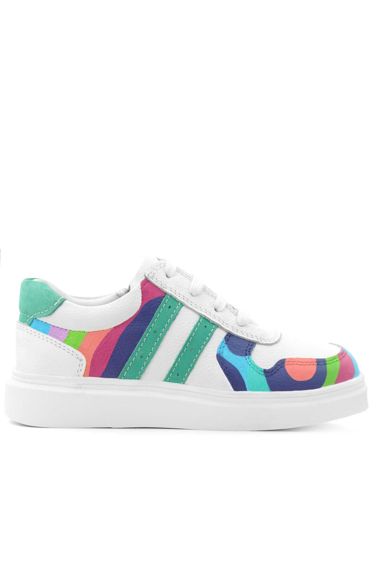 Rakerplus Tbons Özel Tasarım Hakiki Deri Beyaz Yeşil Bağcıklı Fermuarlı Çocuk Sneaker 3701-BYTB.39