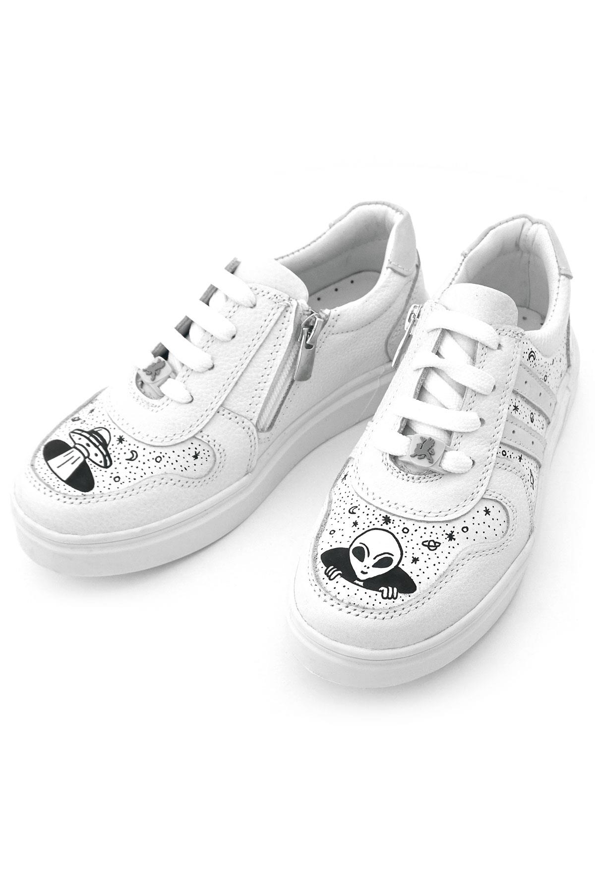 Rakerplus Tbons Özel Tasarım Hakiki Deri Beyaz Bağcıklı Fermuarlı Çocuk Ayakkabı 3701-BETB.39