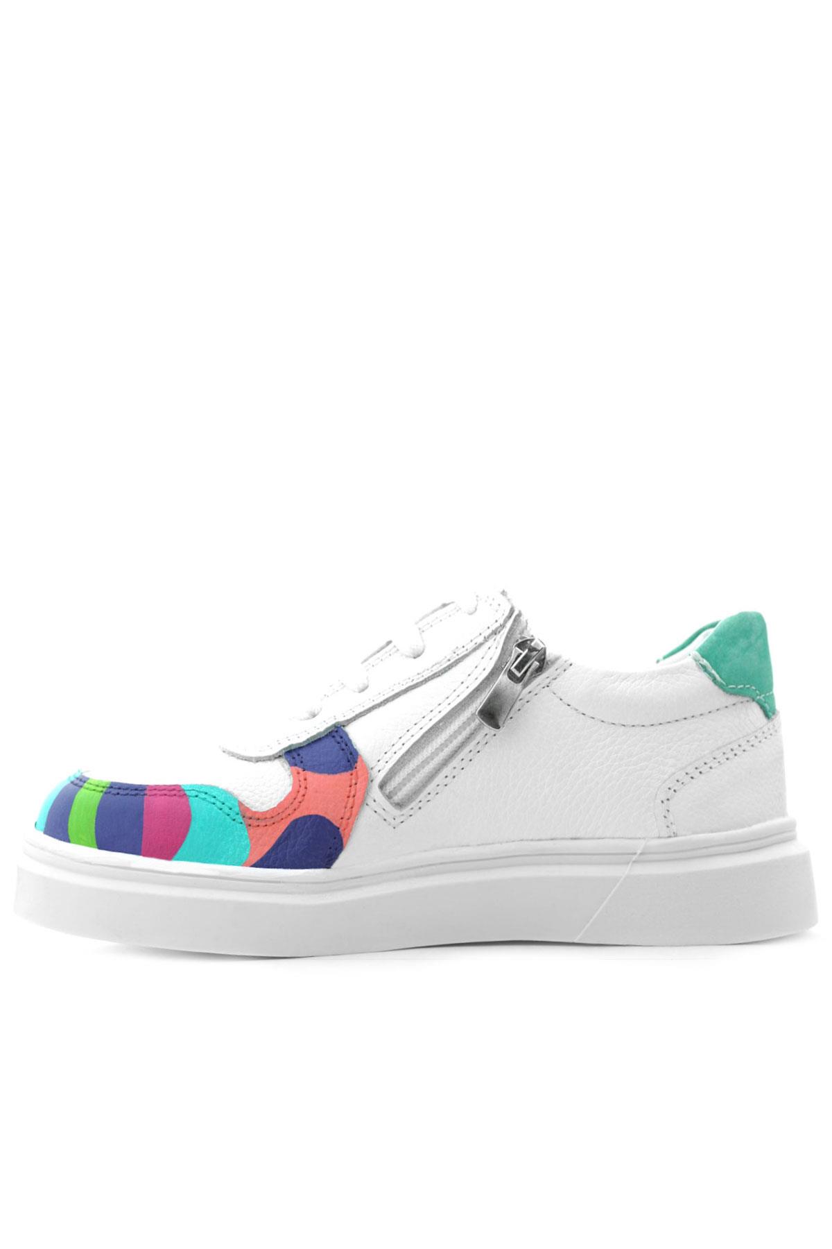 Rakerplus Tbons Özel Tasarım Hakiki Deri Beyaz Yeşil Bağcıklı Fermuarlı Çocuk Sneaker 3701-BYTB.39