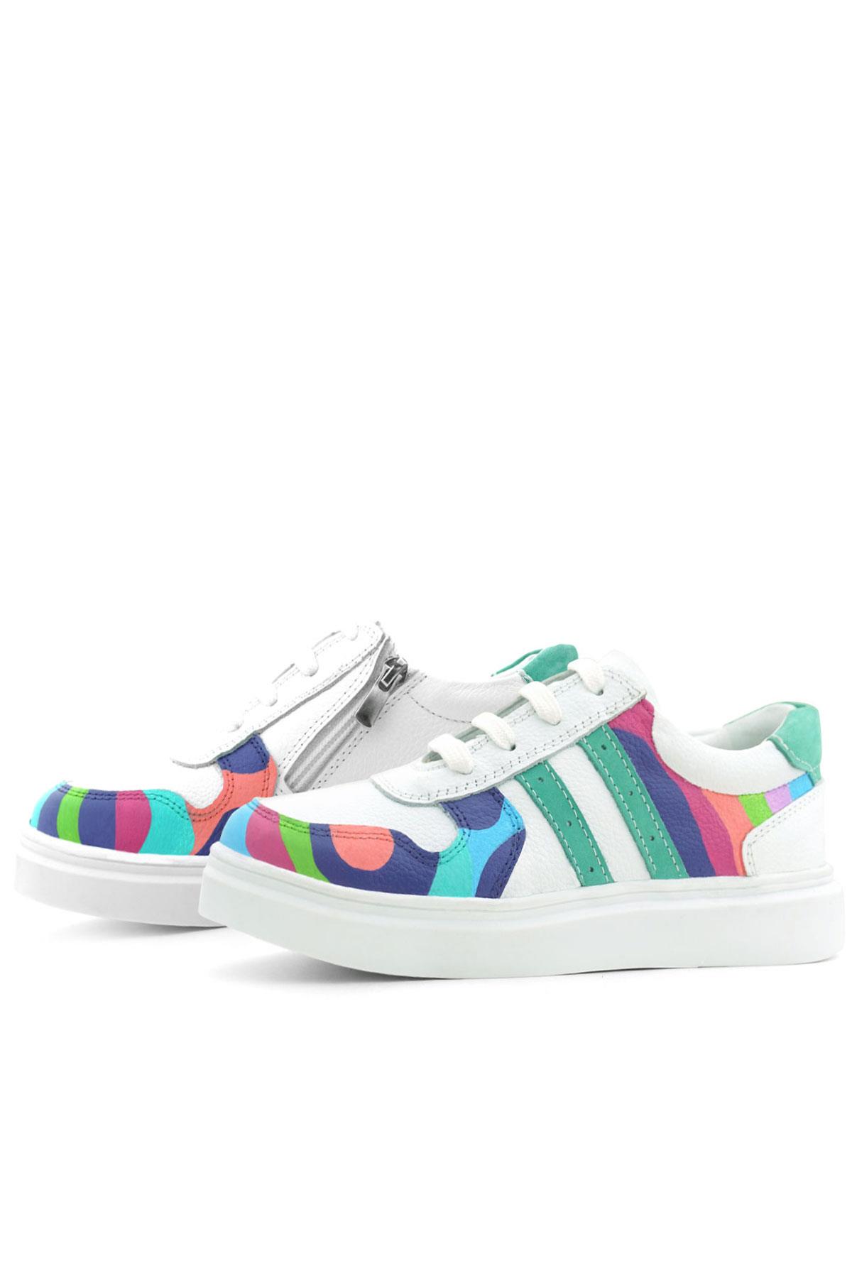 Rakerplus Tbons Özel Tasarım Hakiki Deri Beyaz Yeşil Bağcıklı Fermuarlı Çocuk Sneaker 3701-BYTB.39